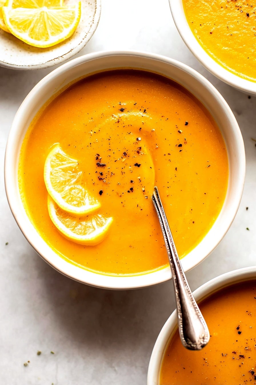 Lemon Lentil Soup Recipe 6 A close-up view of a white ceramic bowl filled with smooth, thick orange soup. The soup has three small lemon slices arranged on one side near the edge, and a few scattered black pepper flakes sprinkled on top. A silver spoon rests inside the bowl on the right side, partly sunk in the soup. In the background, there is another white bowl with the same soup and a lemon slice, as well as a small white bowl with lemon wedges. The bowls are placed on a white marbled surface. Photo taken with an iphone --ar 2:3 --v 7 - Lemon Lentil Soup, healthy lemon lentil soup, easy lentil soup recipe, comforting lemon lentil broth, quick vegan lentil soup