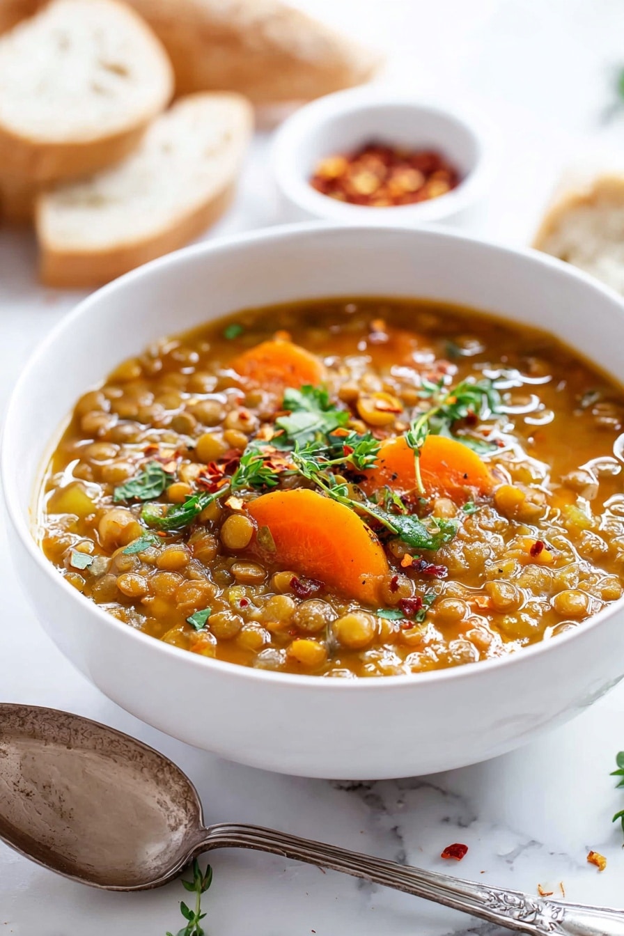 Healthy Carrot Lentil Soup Recipe 6 The image shows a white bowl filled with a thick lentil stew that has orange carrot slices and green lentils mixed in a brownish broth. On top of the stew, fresh green herbs and red chili flakes are sprinkled as garnish. The bowl sits on a white marbled surface and is surrounded by pieces of crusty bread on the left. To the upper right, there is a white bowl containing red chili flakes with a dark wooden spoon inside it. Below the bowl of stew, there is a vintage silver spoon resting on a black and white checkered cloth. Some fresh green herbs lie beneath the bowl. photo taken with an iphone --ar 2:3 --v 7 - Healthy Carrot Lentil Soup, nutritious lentil soup, easy vegetable soup, healthy winter soup, vegan carrot soup
