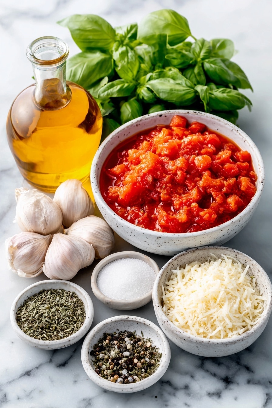 Tomato Basil Tortellini Soup Recipe 7 Flat lay of a small white ceramic bowl of golden olive oil, three whole uncracked garlic cloves, a small white ceramic bowl filled with bright red diced tomatoes, a simple white ceramic bowl of clear chicken broth, a small white ceramic bowl of granulated white sugar, a small white ceramic bowl containing dried green basil, a small white ceramic bowl with dried oregano, one fresh dried bay leaf, a scattering of coarse salt and black peppercorns, a small white ceramic bowl holding fresh cheese tortellini, a small white ceramic bowl with finely grated parmesan cheese, and a few fresh green basil sprigs neatly arranged, all placed on a clean white marble surface, soft natural light, photo taken with an iPhone, professional food photography style, fresh ingredients, white ceramic bowls, no bottles, no duplicates, no utensils, no packaging --ar 2:3 --v 7 --p m7354615311229779997 - Tomato Basil Tortellini Soup, easy tortellini soup, quick tomato basil soup, comforting pasta soup, hearty vegetarian soup