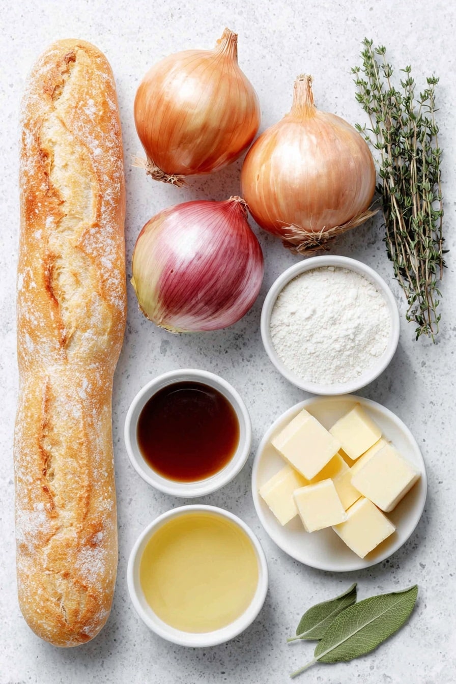 Classic French Onion Soup with Baguette Cheese Recipe 7 Flat lay of four large yellow onions with golden skins, two large sweet Vidalia onions with pale purple and yellow hues, a chunk of creamy butter, two fresh thyme sprigs with tiny green leaves, two glossy green bay leaves, a small white bowl of pale dry white wine, a small white bowl holding fine white flour, a small white bowl filled with rich beef broth, a small white bowl of golden chicken broth, a small white bowl containing deep brown Worcestershire sauce, a whole uncut rustic baguette with a golden crust, a small white bowl of golden olive oil, six slices of pale-yellow Gruyere cheese shaped in neat rectangles, all arranged with perfect symmetry on a clean white marble surface, soft natural light, photo taken with an iPhone, professional food photography style, fresh ingredients, white ceramic bowls, no bottles, no duplicates, no utensils, no packaging --ar 2:3 --v 7 --p m7354615311229779997 - French Onion Soup with Baguette Cheese, French Onion Soup, Easy French Onion Soup, Best French Onion Soup Recipe, Classic French Onion Soup