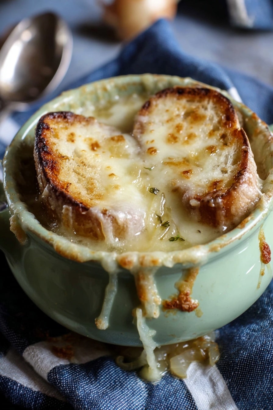 Slow Cooker French Onion Soup Recipe 6 A small light green ceramic bowl is filled to the top with a golden melted cheese layer with hints of toasted brown on the edges. Beneath the cheese, two pieces of toasted bread with light brown crusts sit partially submerged, covered in bubbling cheese. Around the bowl rim, melted cheese and caramelized onions spill slightly down the sides. The bowl rests on a dark blue cloth with white stripes, and a silver spoon is partly visible in the blurred background. photo taken with an iphone --ar 2:3 --v 7 - Slow Cooker French Onion Soup, French Onion Soup, Crockpot Onion Soup, Easy French Onion Soup, comforting onion soup