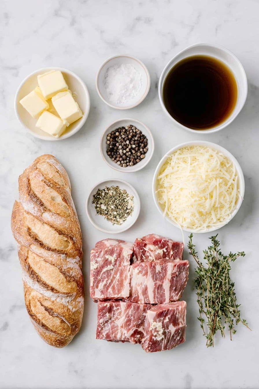 Instant Pot French Onion Soup Recipe 7 Flat lay of two tablespoons of butter, a pile of thinly sliced yellow onions, a small white bowl of coarse salt, a small white bowl of black peppercorns, a small white bowl of dried thyme leaves, a small white bowl of flour, a small white bowl filled with deep red wine, a simple white ceramic bowl of rich beef broth, six fresh baguette slices with a crusty golden exterior, a small mound of grated Gruyere cheese—all arranged in perfect symmetry on a clean white marble surface, soft natural light, photo taken with an iPhone, professional food photography style, fresh ingredients, white ceramic bowls, no bottles, no duplicates, no utensils, no packaging --ar 2:3 --v 7 --p m7354615311229779997 - Instant Pot French Onion Soup, quick French onion soup, easy onion soup recipe, pressure cooker French onion, hearty onion soup