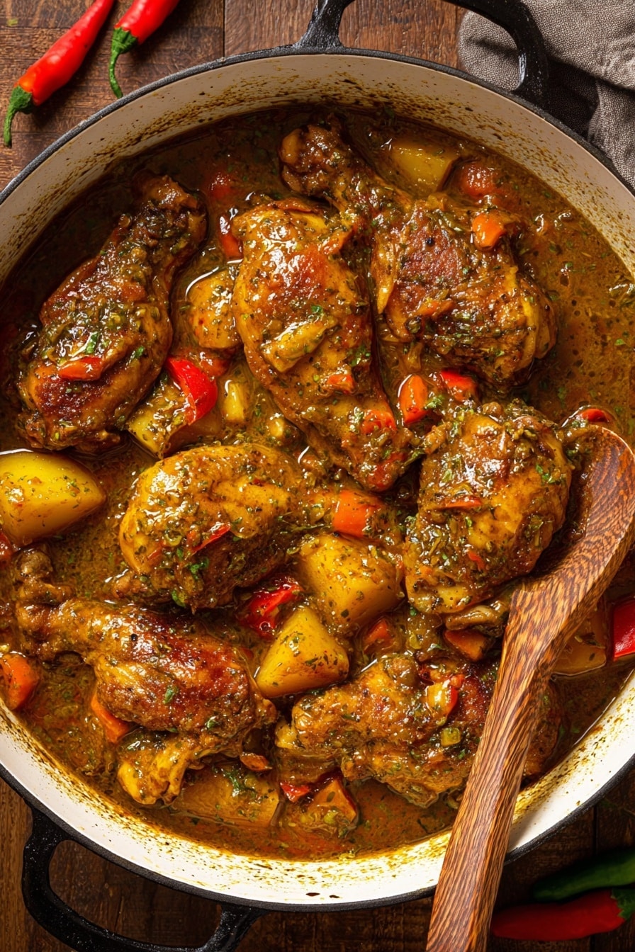 Jamaican Curry Chicken Recipe 6 The image shows a white pot filled with a rich stew. There are about ten pieces of brown cooked chicken with a thick, shiny sauce covering them. Around the chicken, there are chunks of yellow potatoes, orange carrot slices, and bits of red and green vegetables mixed in the sauce. The sauce looks thick with visible herbs and spices giving it a textured, slightly oily surface. On the right edge of the pot, there is a wooden spoon resting inside the stew. The pot is sitting on a wooden surface with a few small red and green peppers nearby. photo taken with an iphone --ar 2:3 --v 7 - Jamaican Curry Chicken, Caribbean chicken recipes, Jamaican cuisine, spicy curry chicken, coconut milk chicken dish