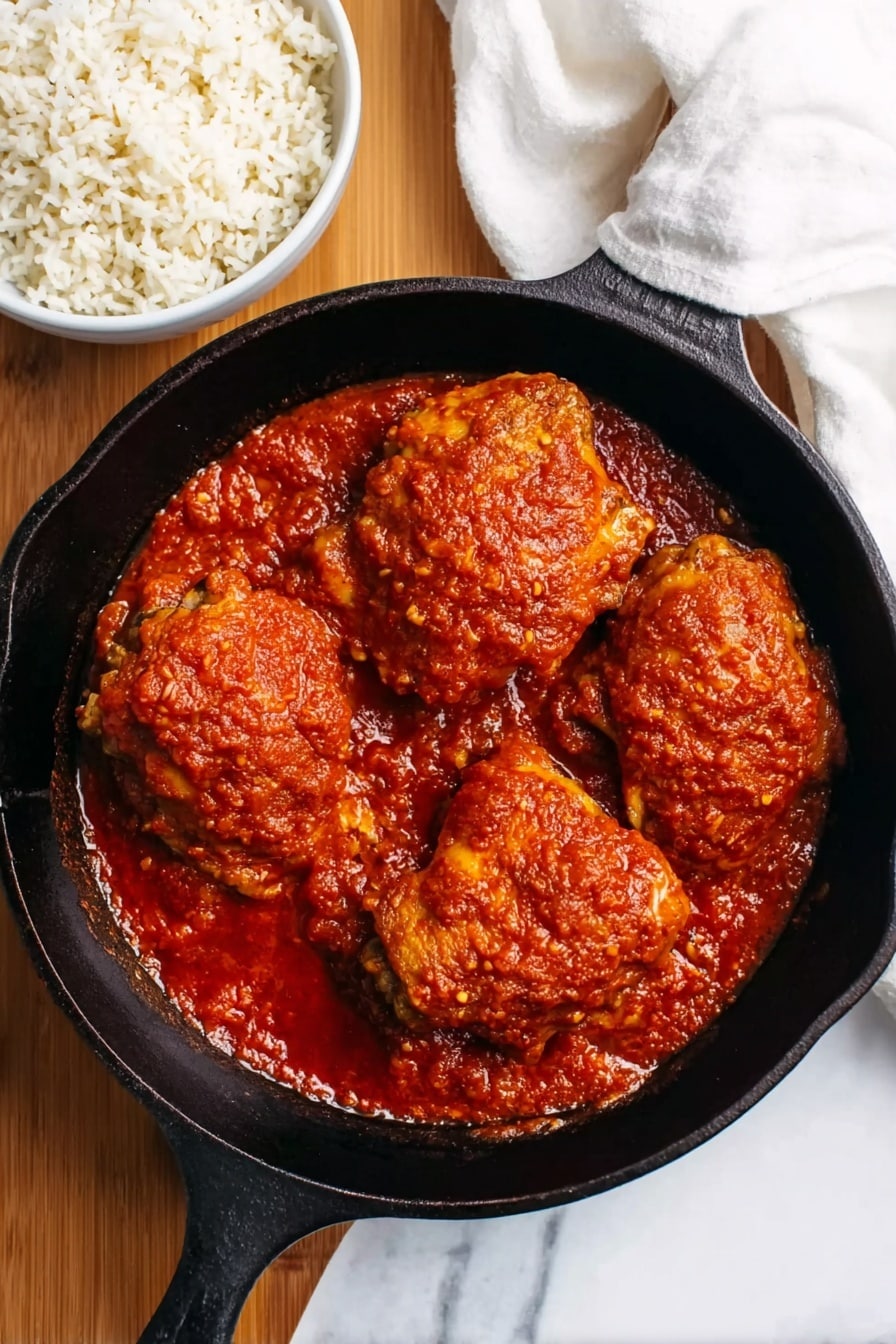 Nigerian Chicken Stew Recipe 6 The image shows a black cast iron pan filled with four large pieces of cooked chicken covered in a thick, bright red tomato sauce with a textured surface. The pan is placed on a light wooden table next to a white bowl filled with white rice. A white cloth is partially visible at the top right corner, and the background has a white marbled texture. The pan's handle extends towards the bottom of the image. photo taken with an iphone --ar 2:3 --v 7 - Nigerian Chicken Stew, Nigerian Chicken Stew recipe, Nigerian stew with chicken, spicy Nigerian chicken dish, African chicken stew