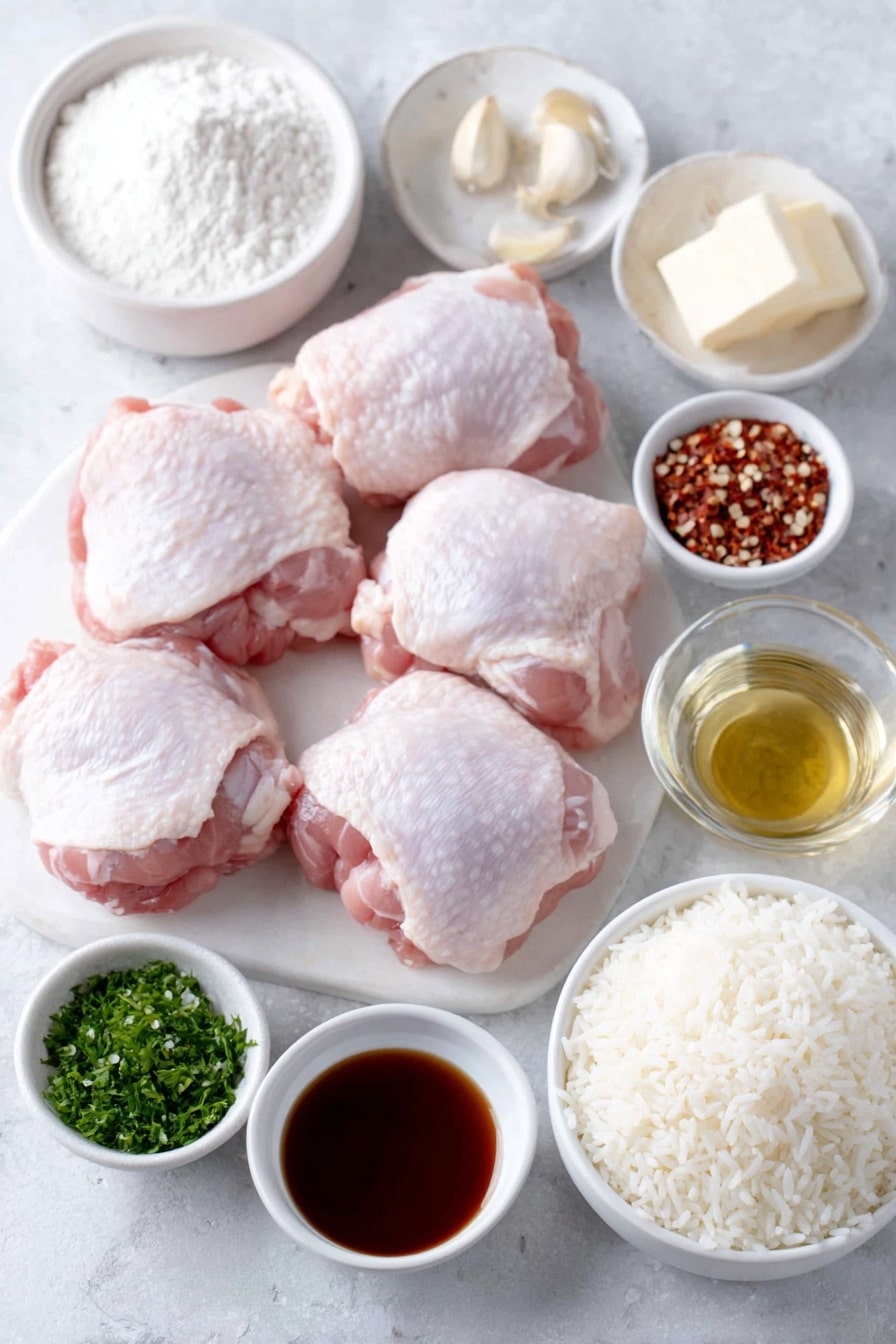 Honey Garlic Chicken Stir-Fry Recipe 7 Flat lay of eight raw skinless boneless chicken thighs arranged neatly, a small white ceramic bowl of fine cornflour powder, a small white ceramic bowl with coarse salt crystals, a small white ceramic bowl containing cracked black peppercorns, a small white ceramic bowl filled with clear vegetable oil, a small white ceramic bowl holding fresh unsalted butter cubes, four whole peeled garlic cloves, a small white ceramic bowl filled with golden honey, a small white ceramic bowl containing light golden chicken stock, a small white ceramic bowl with pale clear rice vinegar, a small white ceramic bowl of dark light soy sauce, a small white ceramic bowl holding finely chopped fresh bright green parsley, a small white ceramic bowl with vibrant red chili flakes, a neat mound of fluffy white boiled rice – all items fresh and natural, perfectly symmetrical, placed on a clean white marble surface, soft natural light, photo taken with an iPhone, professional food photography style, fresh ingredients, white ceramic bowls, no bottles, no duplicates, no utensils, no packaging --ar 2:3 --v 7 --p m7354615311229779997 - Honey Garlic Chicken Stir-Fry, quick chicken stir-fry, healthy chicken dinner, easy stir-fry recipe, savory honey garlic chicken