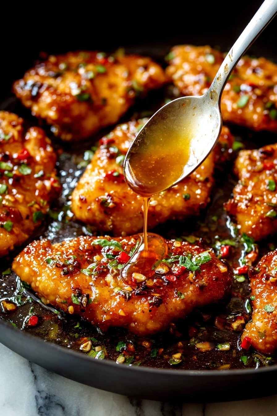 Honey Garlic Chicken Stir-Fry Recipe 6 The image shows several golden brown chicken pieces in a black pan, each piece covered with a shiny, sticky sauce and sprinkled with small green herb bits and red chili flakes. A spoon is drizzling more thick, amber-colored sauce over one piece near the center, making it look juicy and flavorful. The chicken has a textured, slightly crispy surface with visible seasoning. The background beneath the pan is a white marbled surface. Photo taken with an iphone --ar 2:3 --v 7 - Honey Garlic Chicken Stir-Fry, quick chicken stir-fry, healthy chicken dinner, easy stir-fry recipe, savory honey garlic chicken