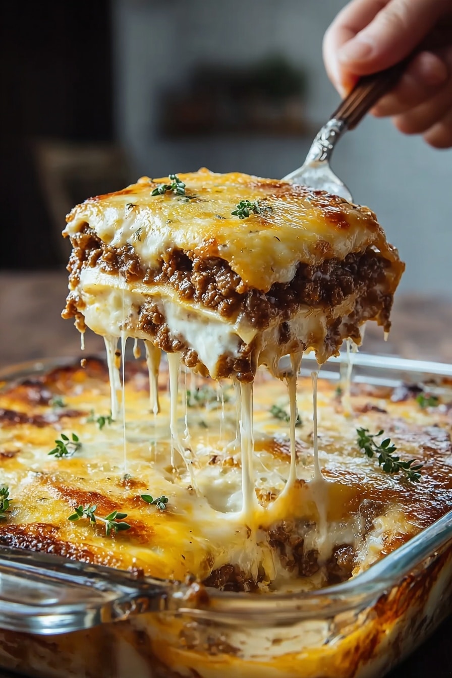 Cheesy Taco Biscuit Casserole Recipe 6 A close-up view of a square glass dish filled with three layers of lasagna. The bottom layer is a creamy white sauce, the middle layer is a rich, dark brown ground meat, and the top layer is melted golden-yellow cheese with light brown spots, garnished with small green herb leaves. A woman's hand lifts one slice with a fork, showing gooey melted cheese stretching down to the dish, with a white marbled surface beneath it. Photo taken with an iphone --ar 2:3 --v 7 - Cheesy Taco Biscuit Casserole, easy taco casserole, cheesy beef casserole, flavorful taco bake, hearty biscuit casserole