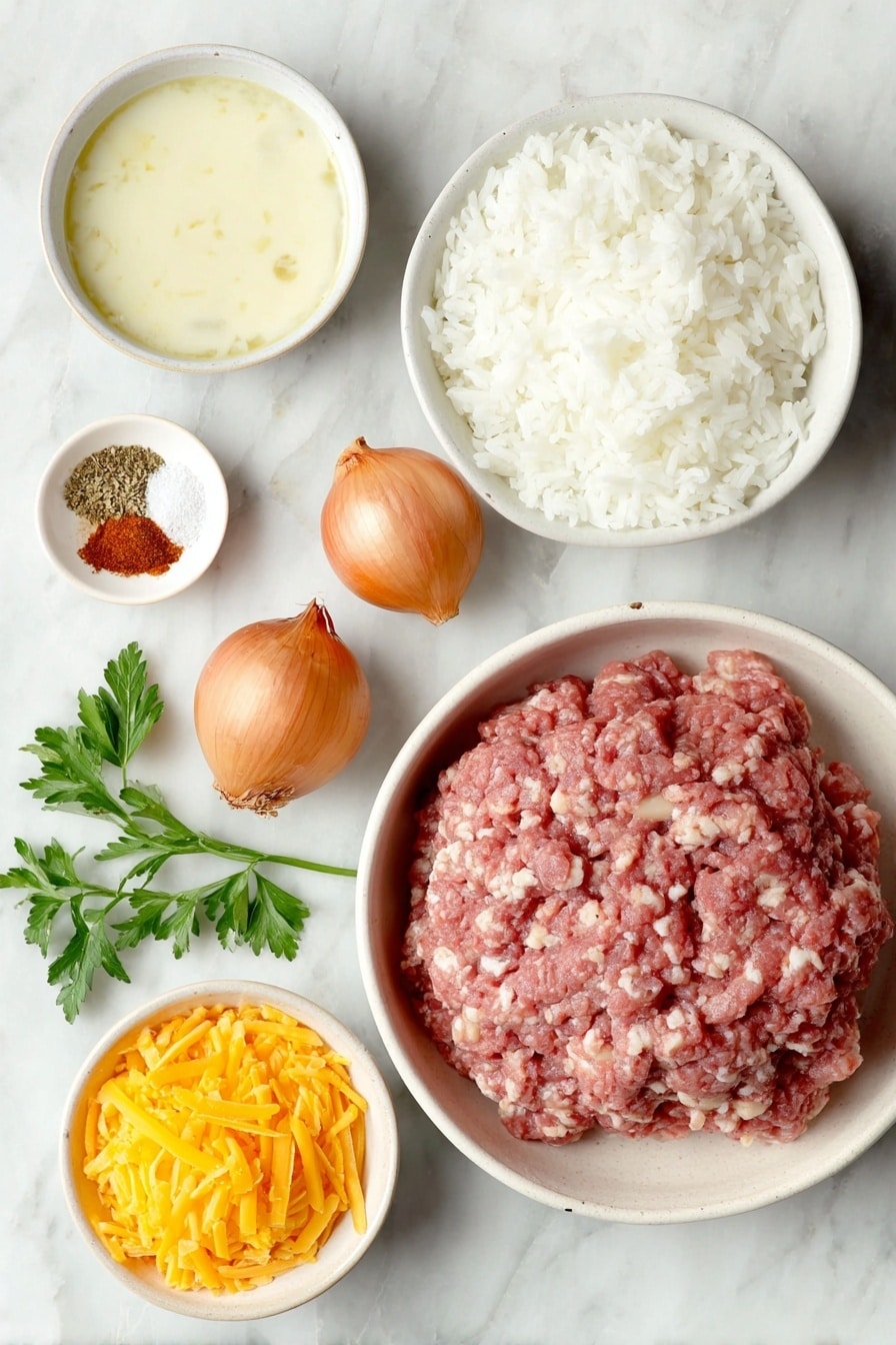 Cheesy Ground Beef and Rice Bake Recipe 7 Flat lay of a mound of fresh raw lean ground beef, a small diced yellow onion, two whole brown garlic cloves, a simple white ceramic bowl filled with fluffy cooked white rice, a small white bowl containing creamy beige mushroom soup, a small white bowl with pale milk, a small white bowl filled with bright orange shredded cheddar cheese, a small pile of paprika powder, a few grains of coarse salt and black pepper, and a few sprigs of fresh green parsley arranged symmetrically on a clean white marble surface, soft natural light, photo taken with an iPhone, professional food photography style, fresh ingredients, white ceramic bowls, no bottles, no duplicates, no utensils, no packaging --ar 2:3 --v 7 --p m7354615311229779997 - Cheesy Ground Beef and Rice Bake, easy ground beef casserole, cheesy beef and rice dish, weeknight dinner idea, comforting casserole recipe