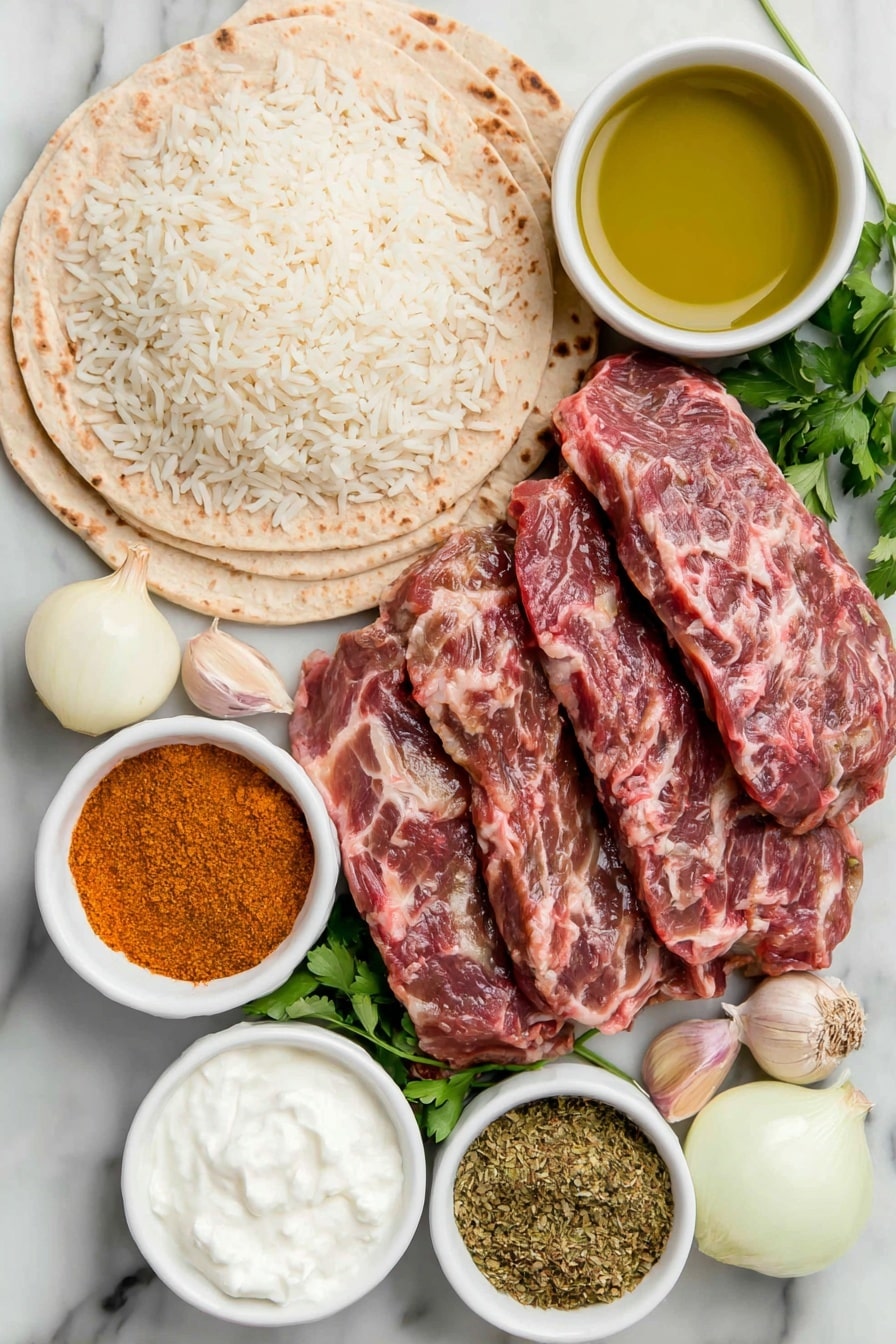 Steak and Queso Rice Recipe 7 Flat lay of a small mound of uncooked basmati rice, a few bright red crushed tomatoes spooned loosely, two whole uncracked brown garlic cloves, one small shiny white onion with a smooth peel, a small white ceramic bowl of deep golden olive oil, a white ceramic bowl holding a cube of chicken bouillon, a white ceramic bowl containing rich orange paprika powder, a white ceramic bowl filled with warm brown cumin powder, a fresh sprig of vibrant green cilantro, a small handful of raw sirloin steak strips with rich red marbling, a white ceramic bowl of creamy white queso cheese, and two soft pale flour tortillas folded gently overlapping, all arranged symmetrically in balanced proportions, placed on a clean white marble surface, soft natural light, photo taken with an iPhone, professional food photography style, fresh ingredients, white ceramic bowls, no bottles, no duplicates, no utensils, no packaging --ar 2:3 --v 7 --p m7354615311229779997 - Steak and Queso Rice, steak and queso rice, spicy steak and rice skillet, easy steak and queso dinner, comforting beef and cheese rice