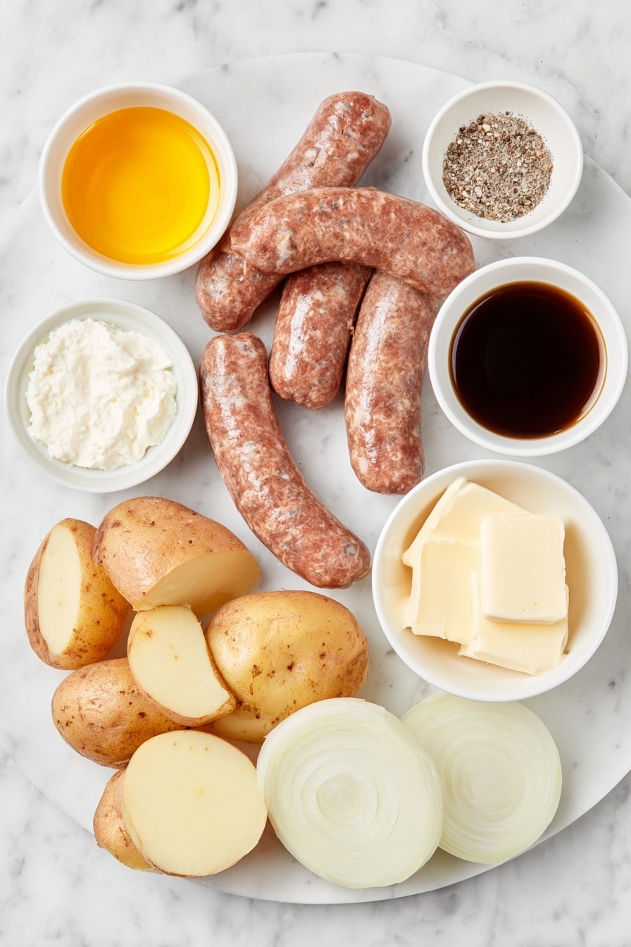 Stout Sausage and Mash with Onion Gravy Recipe 7 Flat lay of fresh uncooked bratwurst sausages, a small white bowl of golden olive oil, a small white bowl filled with dark stout beer, peeled and sliced russet potatoes arranged loosely, a few pats of creamy butter, a small white bowl of smooth buttermilk, a medium-sized onion thinly sliced, a small pile of pale all-purpose flour, a small white bowl of rich beef broth, sprinkled coarse salt and freshly ground black pepper placed neatly on a clean white ceramic plate, all ingredients fresh and natural, perfectly symmetrical and balanced layout, placed on a clean white marble surface, soft natural light, photo taken with an iPhone, professional food photography style, fresh ingredients, white ceramic bowls, no bottles, no duplicates, no utensils, no packaging --ar 2:3 --v 7 --p m7354615311229779997 - Stout Sausage and Mash with Onion Gravy, hearty British pub dinner, comfort food recipes, savory sausage and mash, onion gravy with stout beer