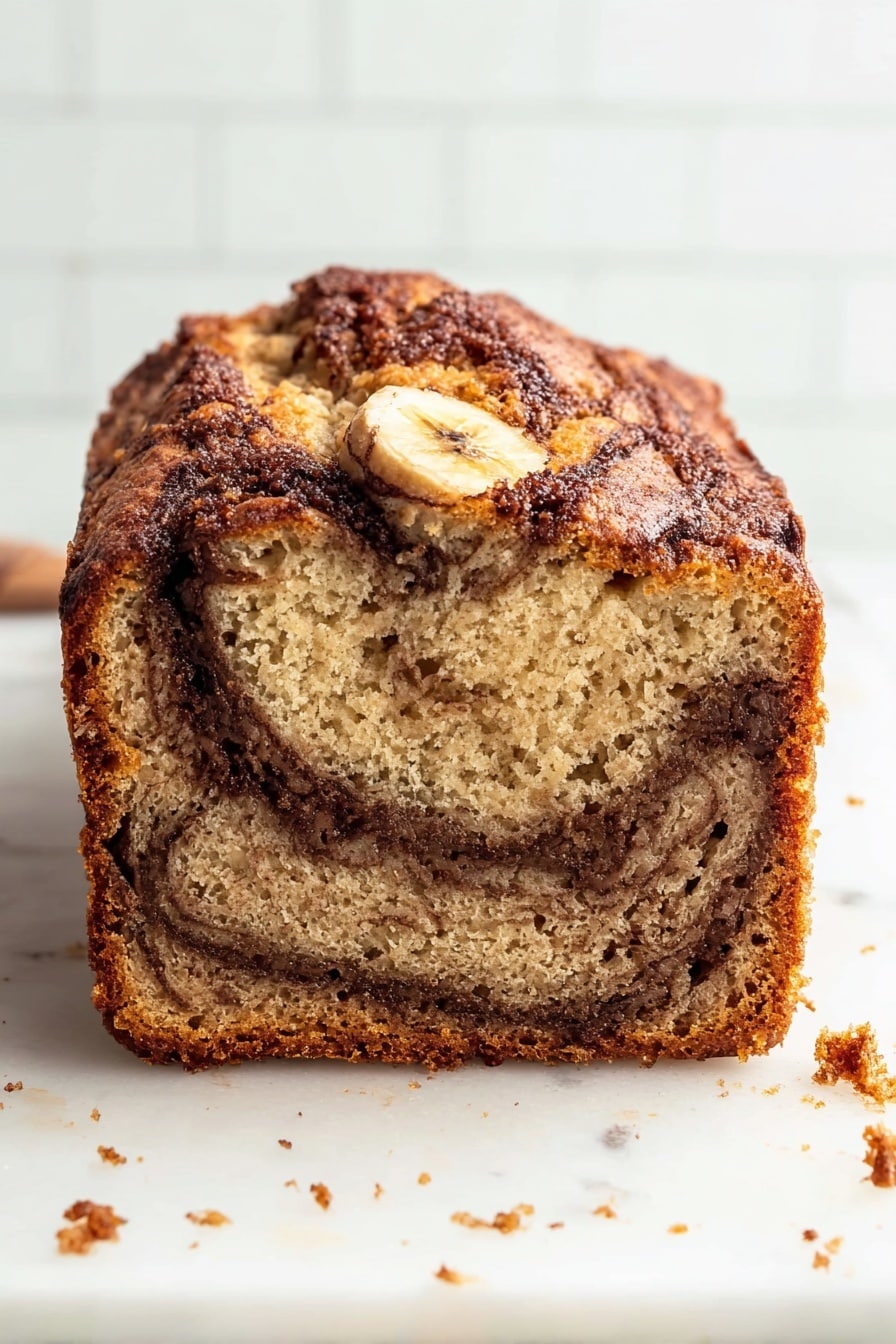 Cinnamon Swirl Banana Bread Recipe 8 Two slices of cinnamon swirl banana bread with brown and light beige swirls lie on a white plate with a leaf pattern, placed on a white marbled surface. Behind, a loaf of the same bread with visible banana slices on top sits on a white marble board, showing layers of dark cinnamon and light bread. To the left, there is a glass of milk with a striped straw, a glass salt shaker, and a small bowl containing butter cubes. Two silver forks rest beside the plate, and three cinnamon sticks are arranged on the marble surface to the right. Photo taken with an iphone --ar 2:3 --v 7 - Cinnamon Swirl Banana Bread, banana bread with cinnamon, moist banana bread recipes, cinnamon swirl quick bread, easy banana bread with cinnamon