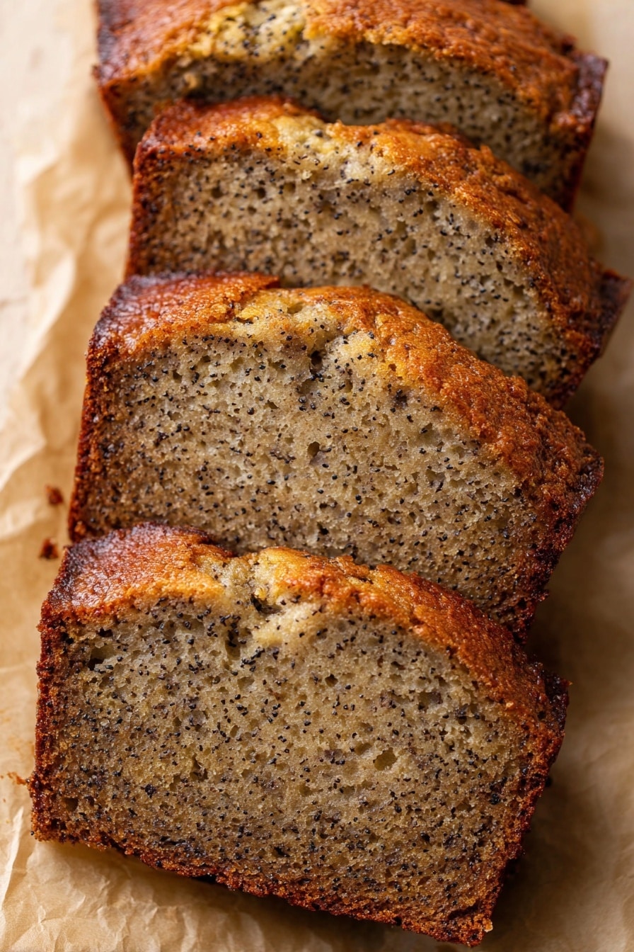 Four slices of banana bread are stacked slightly overlapping on a light brown parchment paper with a soft texture background. Each slice has a dark golden brown crust on the edges and top, with the inside showing a light brown color with small black specks throughout, creating a moist, dense look with a few small air holes. The slices are arranged diagonally from bottom left to top right, filling the close-up frame. Photo taken with an iphone --ar 2:3 --v 7 - Easy Ripe Banana Bread, banana bread recipe, moist banana bread, quick banana bread, simple banana bread