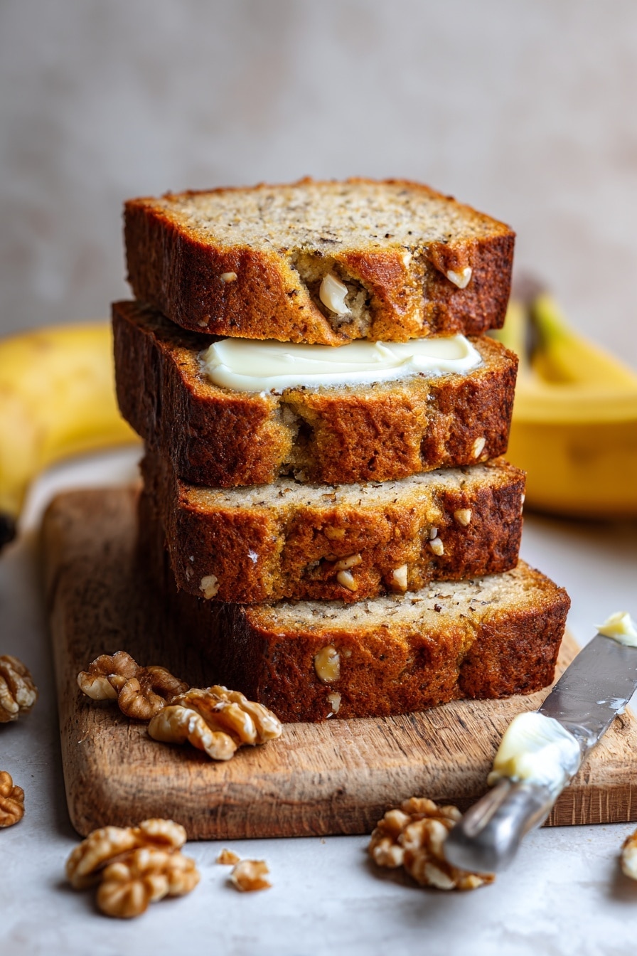 The image shows a close-up of a stack of four thick slices of nut-studded banana bread, each slice rich brown in color and packed with light brown walnut pieces embedded throughout. The texture looks moist and slightly crumbly, with visible nuts sticking out from the edges of each slice. The stack sits on white parchment paper atop a white marbled surface. In the blurred background, there is a bunch of bright yellow bananas on the left side and a glass bottle filled with milk to the right, enhancing the cozy breakfast feel. photo taken with an iphone --ar 2:3 --v 7 - Best Banana Nut Bread, Easy Banana Nut Bread, Moist Banana Bread with Nuts, Homemade Banana Nut Loaf, Quick Banana Bread Recipe