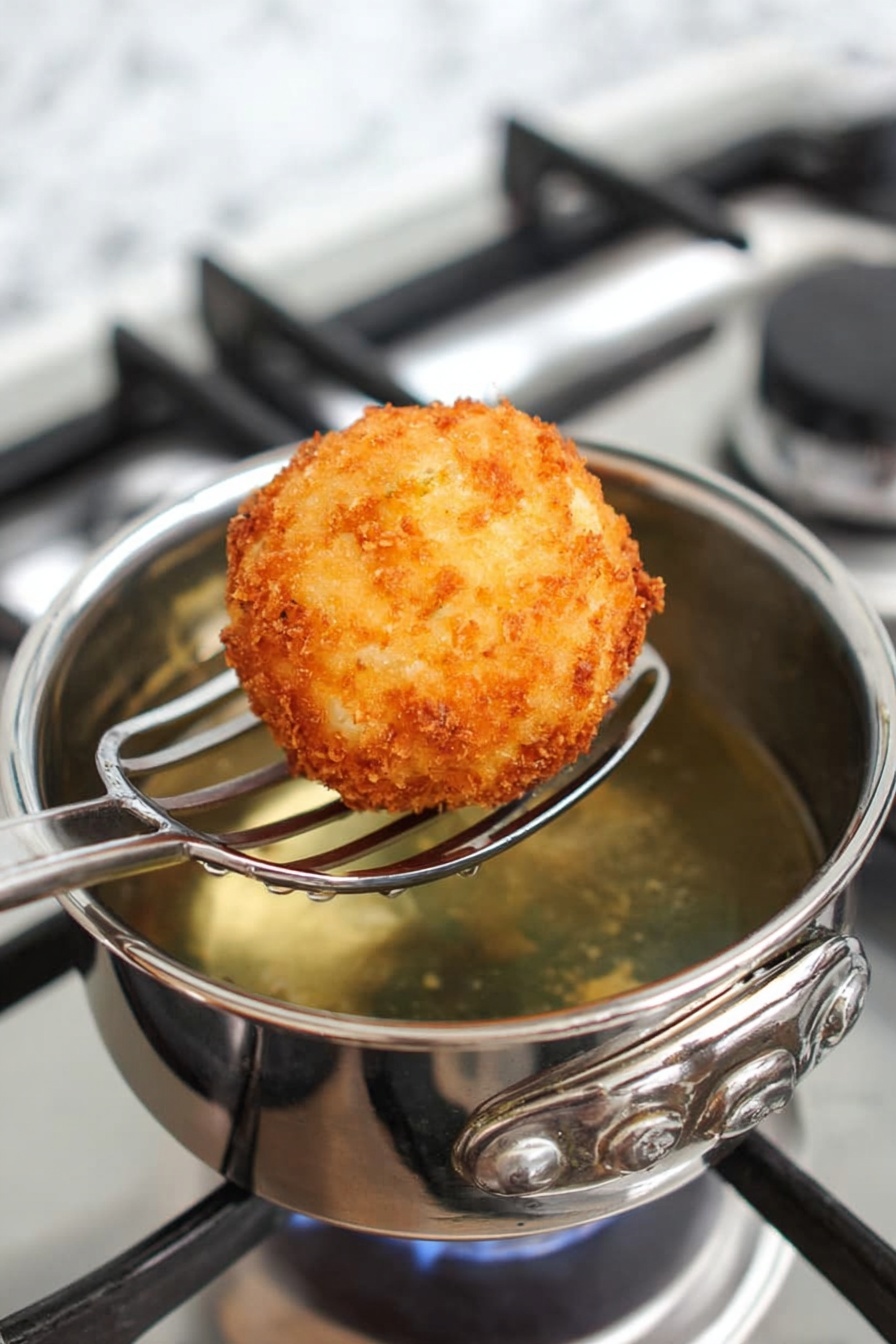 Homemade Scotch Eggs Recipe 6 A golden brown round fried ball with a rough, crispy texture filled with small pieces on its surface is being lifted by a slotted metal spatula above a shiny metal pot filled with hot oil. The pot is on a gas stove with visible burner parts and a white marbled surface in the background. The fried ball has a crunchy, uneven outside layer that contrasts with the smooth oil surface in the pot. photo taken with an iphone --ar 2:3 --v 7 - Homemade Scotch Eggs, Scotch Eggs Recipe, how to make Scotch Eggs, crispy Scotch Eggs, best Scotch Eggs