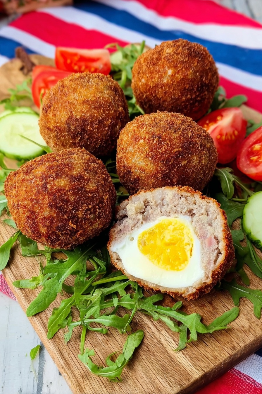 Homemade Scotch Eggs Recipe 8 Four round fried balls with a crunchy light brown outside sit on a wooden board. One ball is cut in half, showing three layers inside: a smooth white and yellow centered boiled egg, a thick layer of beige minced meat around it, and a crispy brown crust covering all outside. Green leafy arugula, slices of red tomato, and pieces of pale green cucumber surround the balls. The board is placed over a white marbled surface with a red, white, and blue striped cloth in the background. photo taken with an iphone --ar 2:3 --v 7 - Homemade Scotch Eggs, Scotch Eggs Recipe, how to make Scotch Eggs, crispy Scotch Eggs, best Scotch Eggs