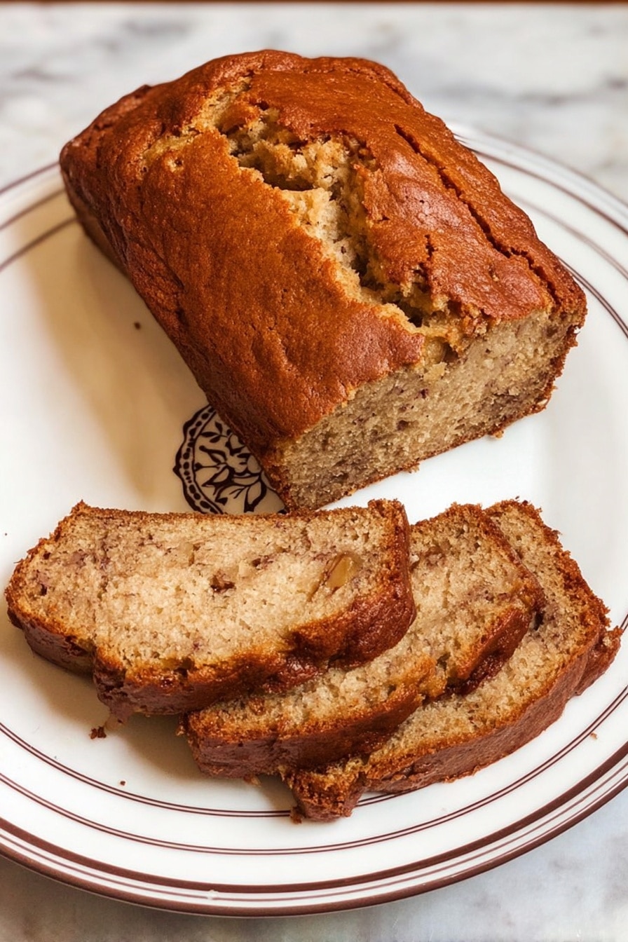 A freshly baked loaf of banana bread sits on a white plate with brown decorative rings and a floral pattern in the center. The loaf has a golden brown crust with a textured surface showing natural cracks. Three thick slices, each revealing a moist and dense interior speckled with small bits of banana and possibly nuts, are arranged loosely beside the main loaf on the left side of the plate. The plate is placed on a white marbled surface. photo taken with an iphone --ar 2:3 --v 7 - Best Banana Bread, Easy Banana Bread, Moist Banana Bread, Homemade Banana Bread, Banana Bread with Ripe Bananas