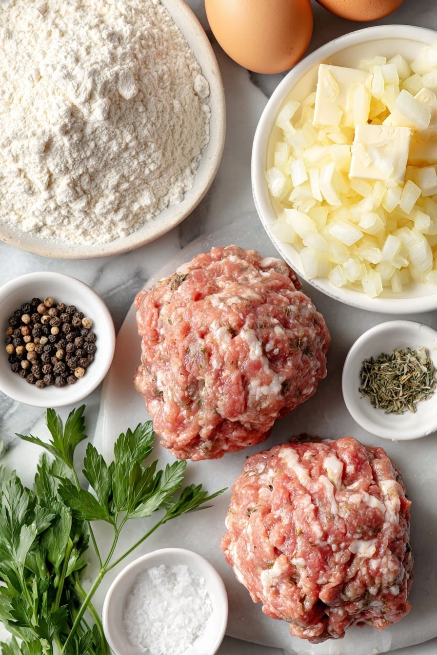 Flat lay of finely diced fresh white onion in a small white ceramic bowl, raw minced lamb formed into two compact balls on a simple white plate, a small pile of pale beige all-purpose flour on a white ceramic dish, two whole uncracked brown eggs beside the flour, a small white bowl of coarse sea salt, a small white bowl containing whole black peppercorns, fresh sprigs of green parsley and dried mint arranged neatly on the marble, a small white bowl holding pale yellow lard chunks, a pinch of ground nutmeg in a tiny white bowl, and a small white bowl with lamb stock, all arranged symmetrically, placed on a clean white marble surface, soft natural light, photo taken with an iPhone, professional food photography style, fresh ingredients, white ceramic bowls, no bottles, no duplicates, no utensils, no packaging --ar 2:3 --v 7 --p m7354615311229779997 - Scottish Lamb Pie, traditional Scotch pie, Scottish meat pie, homemade lamb pastry, hearty lamb dish