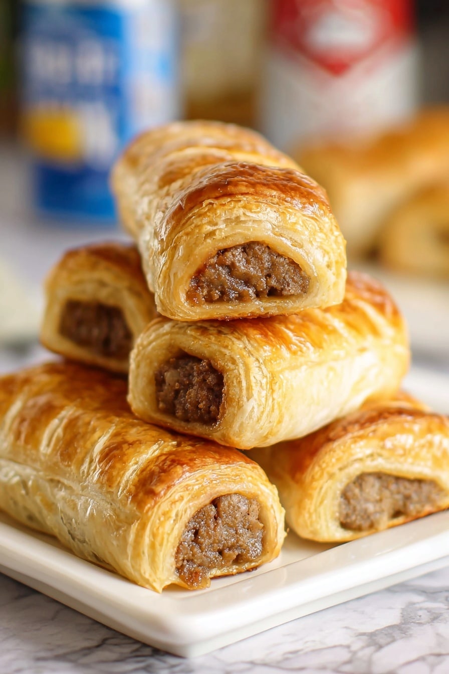 The image shows a stack of golden brown sausage rolls on a white rectangular plate. Each roll has a flaky, layered pastry crust with a shiny, slightly crisp surface and visible folds on top. Inside, there is a thick layer of cooked sausage meat that is a medium brown color, peeking out from the ends of the rolls. The rolls are arranged on a white marbled surface with a blurred background featuring a can. photo taken with an iphone --ar 2:3 --v 7 - Homemade Scottish Sausage Rolls, Scottish Sausage Rolls recipe, savory Scottish snacks, flaky sausage rolls, traditional Scottish appetizers