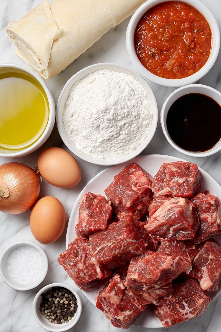 Flat lay of fresh diced beef stewing steak cubes, a small mound of plain flour on a white ceramic plate, a few whole brown onions roughly chopped, a small white bowl of golden olive oil, a small white bowl of rich dark beef stock, a small white bowl of thick red tomato puree, a small white bowl of smooth yellow Dijon mustard, a small white bowl of dark Worcestershire sauce, a sheet of ready rolled puff pastry neatly folded, two whole uncracked brown eggs placed side by side, a small white bowl of salt crystals, a small white bowl of black peppercorns, all ingredients arranged in perfect symmetry on a clean white marble surface, soft natural light, photo taken with an iPhone, professional food photography style, fresh ingredients, white ceramic bowls, no bottles, no duplicates, no utensils, no packaging --ar 2:3 --v 7 --p m7354615311229779997 - Scottish Beef Steak Pie, hearty beef steak pie, traditional Scottish pie, beef pie recipe, comfort food recipes