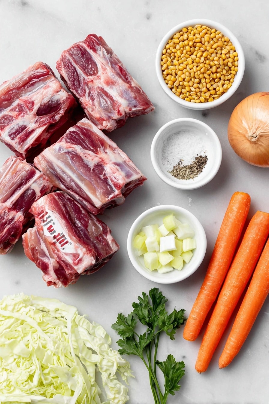 Flat lay of fresh lamb neck bones with visible marbling and connective tissue, a small heap of pearl barley grains, a small white bowl filled with dried split peas, a medium whole onion with papery skin, two medium fresh carrots with bright orange color and green tops removed, a small diced rutabaga showing pale yellow flesh, a small leek sliced into rings with clean white and light green layers, a small mound of shredded Savoy cabbage with crinkled green leaves, a small white bowl containing coarse sea salt crystals, a small white bowl with freshly ground black pepper, and a few sprigs of fresh flat-leaf parsley arranged neatly, all placed on a clean white marble surface, soft natural light, photo taken with an iPhone, professional food photography style, fresh ingredients, white ceramic bowls, no bottles, no duplicates, no utensils, no packaging --ar 2:3 --v 7 --p m7354615311229779997 - Hearty Scotch Beef and Vegetable Soup, Scottish beef and vegetable soup, hearty beef soup with barley, comforting Scotch broth recipe, nourishing beef and veggie soup