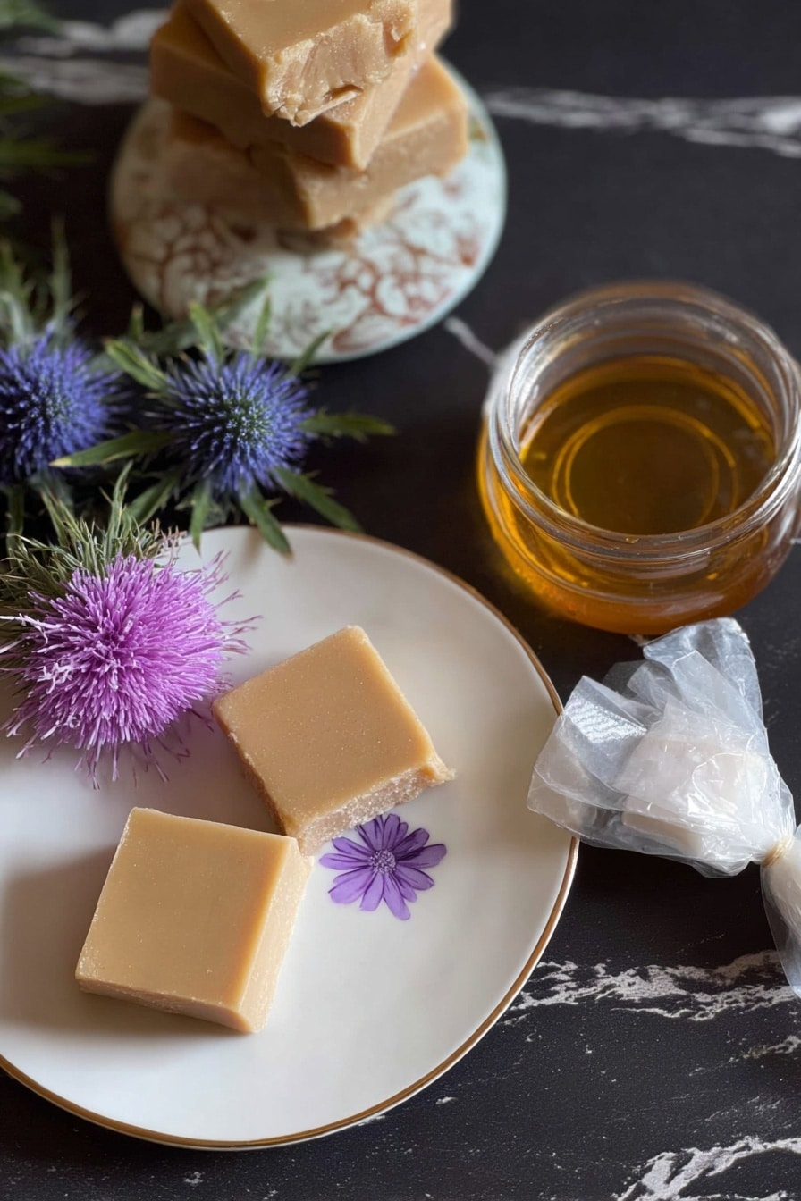 Scottish Tablet Candy Recipe 8 A square-shaped light brown fudge piece sits on a white plate with a purple flower design at the center; next to the plate, there is a square glass container filled with golden honey, a wrapped candy with white paper, and three more fudge pieces stacked. On the top left corner, a blue thistle flower with purple petals and green spiky leaves lies on a dark surface, which is changed to a white marbled texture in the prompt. photo taken with an iphone --ar 2:3 --v 7 - Scottish Tablet Candy Scottish Tablet Candy Recipe Traditional Scottish Confectionery How to Make Scottish Tablet Homemade Scottish Candy