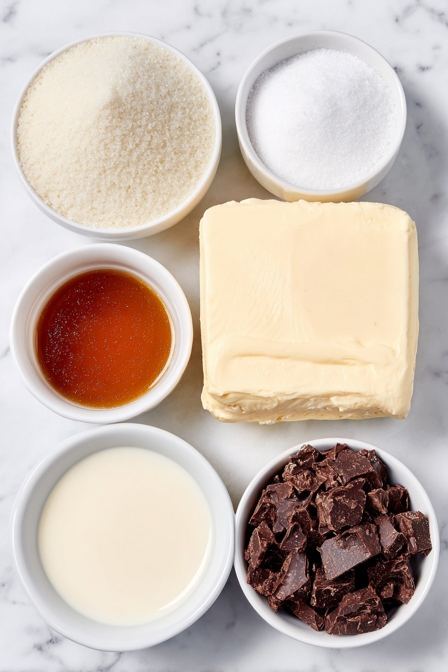 Classic Millionaire's Shortbread Bars Recipe 7 Flat lay of a thick block of pale golden butter, a small mound of white granulated sugar, a small white bowl filled with glossy amber golden syrup, a small white bowl with creamy thick condensed milk, a small white bowl holding smooth dark chocolate chunks, placed on a clean white marble surface, soft natural light, photo taken with an iPhone, professional food photography style, fresh ingredients, white ceramic bowls, no bottles, no duplicates, no utensils, no packaging --ar 2:3 --v 7 --p m7354615311229779997 - Classic Millionaire's Shortbread Bars, Millionaire's Shortbread, caramel chocolate bars, buttery shortbread dessert, easy millionaire's shortbread