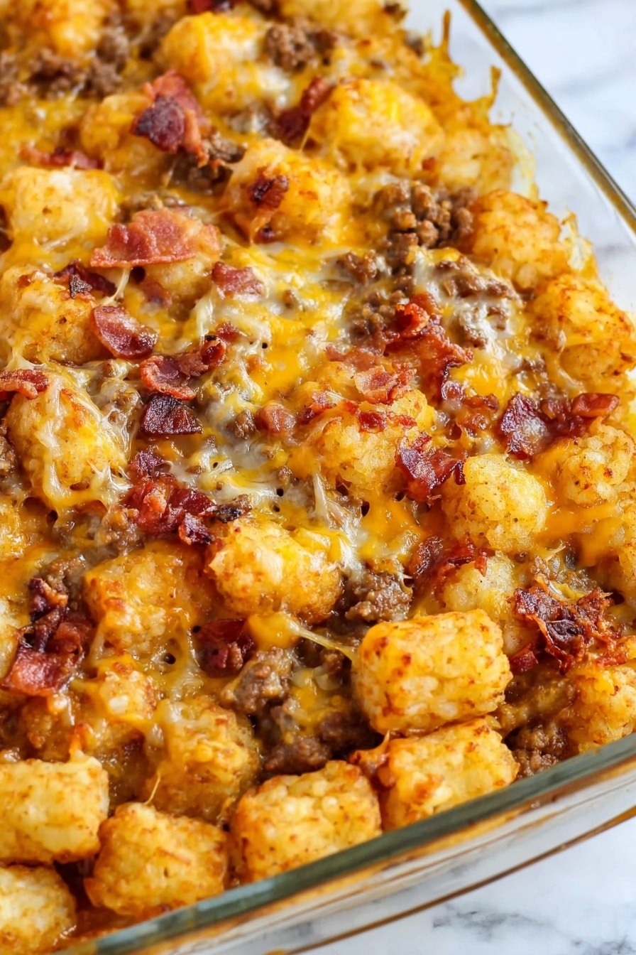 The dish is a baked casserole in a clear glass pan, filled with golden brown tater tots that have a crispy texture. Mixed throughout are small pieces of browned ground meat and crispy strips of cooked bacon, all covered in a melted layer of yellow cheese that binds the ingredients together. The cheese looks slightly browned and bubbly, adding a rich and gooey appearance on top. The casserole sits on a white marbled surface. photo taken with an iphone --ar 2:3 --v 7 - Cheeseburger Tater Tot Casserole, cheeseburger casserole, tater tot casserole, easy comfort food recipes, cheesy ground beef casserole