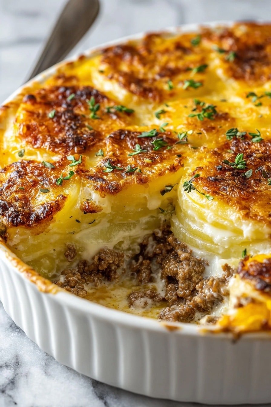 The dish shows a round white ceramic dish filled with a layered casserole that has been partially scooped out to reveal its contents. Starting from the bottom, there is a creamy sauce mixed with ground brown meat, followed by a thick layer of pale yellow sliced potatoes. Above the potatoes is another layer of cooked ground meat, then another layer of potatoes. The top is covered with a golden-brown cheesy crust that is crispy in some places, with small green herb leaves scattered over it. The background surface is a white marbled texture, and a woman's hand holding a serving utensil is partially visible. Photo taken with an iphone --ar 2:3 --v 7 - Cheesy Hamburger Potato Casserole, cheesy hamburger casserole, beef and potato bake, cheesy meat and potato dish, hearty one-pot casserole