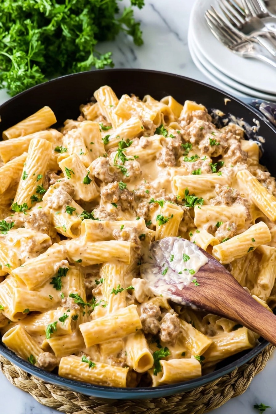 The image shows a close-up of a black skillet filled with rigatoni pasta mixed with a creamy beige sauce that covers the pasta pieces evenly. There are small bits of browned meat spread throughout, adding texture, and the pasta is garnished with small green parsley pieces on top. A wooden spoon stirs the pasta in the skillet, lifting some pieces to the surface. The background is a white marbled surface with blurred green herbs and a soft cloth visible in the distance. The lighting makes the dish look warm and inviting. photo taken with an iphone --ar 2:3 --v 7 - Cheeseburger Pasta, Cheeseburger Pasta Recipe, Easy Cheeseburger Pasta, Creamy Cheeseburger Pasta, One-Pan Cheeseburger Pasta