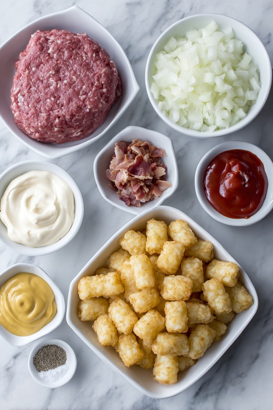 Flat lay of fresh raw lean ground beef patty, a small white ceramic bowl of diced yellow onion, a small white ceramic bowl filled with real crispy bacon bits, a small white ceramic bowl of creamy mayonnaise, a small white ceramic bowl of bright red ketchup, a small white ceramic bowl of smooth yellow mustard, a small white ceramic bowl of fine white salt, a small white ceramic bowl of cracked black peppercorns, a small white ceramic bowl of pale onion powder, a small white ceramic bowl of light garlic powder, a simple pile of shredded mozzarella and cheddar cheese blend, and a neat layer of golden frozen tater tots arranged symmetrically, placed on a clean white marble surface, soft natural light, photo taken with an iPhone, professional food photography style, fresh ingredients, white ceramic bowls, no bottles, no duplicates, no utensils, no packaging --ar 2:3 --v 7 --p m7354615311229779997 - Bacon Cheeseburger Tater Tot Casserole, cheeseburger casserole with bacon and tater tots, easy comfort food recipes, hearty baked casserole, kid-friendly dinner ideas