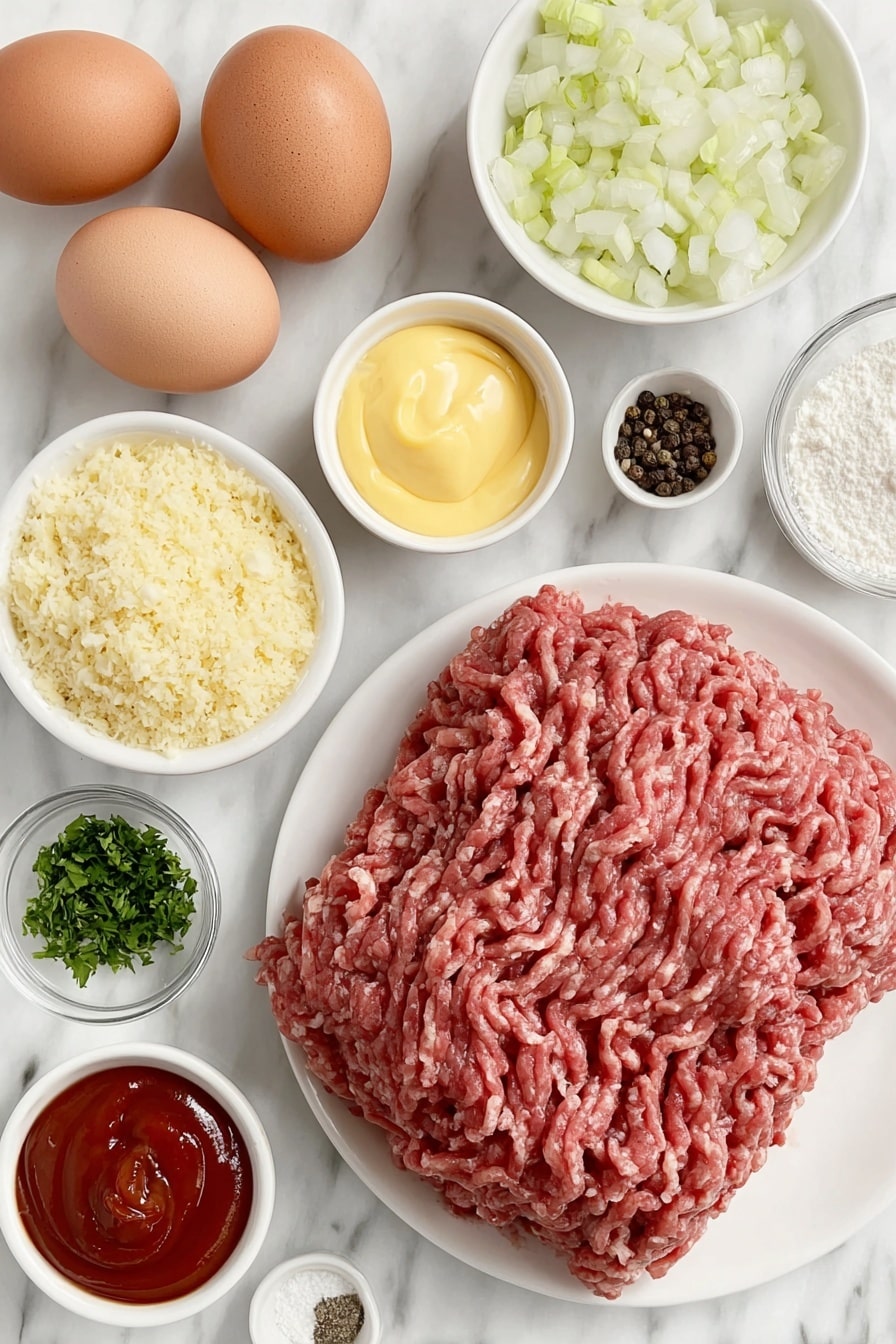 Healthy Classic Meatloaf Recipe 7 Flat lay of a mound of fresh lean ground beef, a small white ceramic bowl filled with Italian breadcrumbs, two whole brown eggs with clean shells, a simple white bowl holding diced fresh onion, a small white bowl of finely chopped fresh parsley, a small white bowl containing vibrant red BBQ sauce, a small white bowl with bright red ketchup, a small white bowl with golden brown sugar crystals, a small white bowl of smooth yellow mustard, a small white bowl with coarse salt, a small white bowl holding cracked black peppercorns, and a small white bowl with finely ground garlic powder, all arranged in perfect symmetry on a clean white marble surface, soft natural light, photo taken with an iPhone, professional food photography style, fresh ingredients, white ceramic bowls, no bottles, no duplicates, no utensils, no packaging --ar 2:3 --v 7 --p m7354615311229779997 - Healthy Classic Meatloaf, healthy meatloaf recipe, wholesome meatloaf, light meatloaf dinner, family-friendly meatloaf