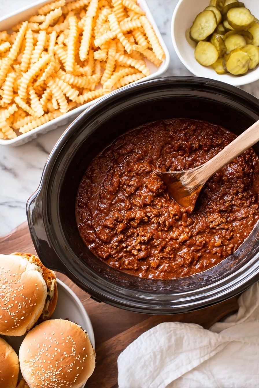 The image shows a black slow cooker filled with rich, chunky, reddish-brown chili with visible bits of ground meat and sauce, stirred slightly by a wooden spoon resting inside it. To the left, there is a white tray full of crinkle-cut golden-yellow fries. On the right side, there is a white bowl with sliced pickles, showing light green and yellow colors, and below it, a white plate with three sesame seed burger buns stacked closely. The setting is on a wood surface with a white cloth nearby, all placed on a white marbled texture background. Photo taken with an iphone --ar 2:3 --v 7 - Slow Cooker Sloppy Joes, easy slow cooker sloppy joes, homemade sloppy joes recipe, family-friendly sloppy joes, beginner sloppy joes