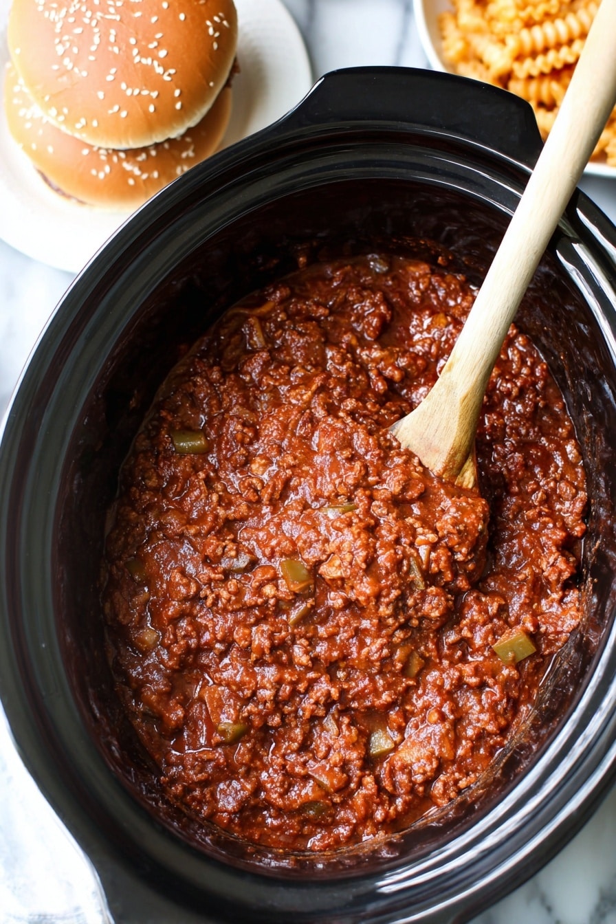 The image shows a close-up view of a black slow cooker filled with thick chili, having a rich red-brown color with visible chunks of ground meat, onions, and green peppers mixed throughout. A wooden spoon is partially dipped in the chili, resting against the side of the cooker. In the upper left corner, two sesame seed hamburger buns sit stacked on a white plate, and in the upper right corner, a small portion of crinkle-cut fries is visible on a white plate. The whole scene sits on a white marbled textured surface. Photo taken with an iphone --ar 2:3 --v 7 - Slow Cooker Sloppy Joes, easy slow cooker sloppy joes, homemade sloppy joes recipe, family-friendly sloppy joes, beginner sloppy joes