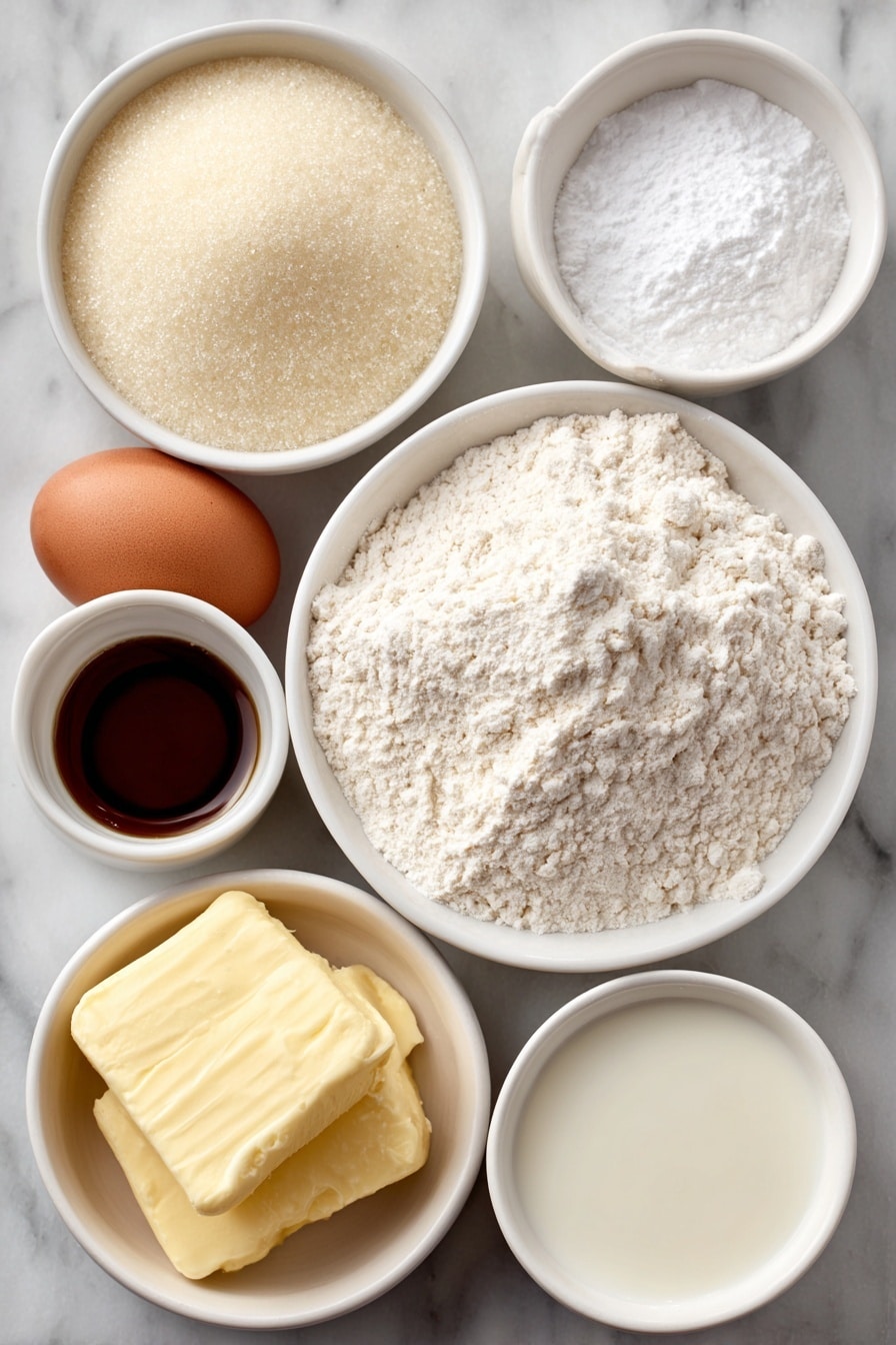 Flat lay of a small mound of all-purpose flour on a simple white ceramic plate, a small white bowl filled with granulated sugar, another small white bowl containing baking powder, a tiny pinch of baking soda on a white ceramic dish, a small white bowl with salt, a simple white ceramic bowl holding fresh whole milk, a small white bowl with melted unsalted butter, a small white bowl with pure vanilla extract, and one large whole brown egg, all arranged in perfect symmetry, placed on a clean white marble surface, soft natural light, photo taken with an iPhone, professional food photography style, fresh ingredients, white ceramic bowls, no bottles, no duplicates, no utensils, no packaging --ar 2:3 --v 7 --p m7354615311229779997 - Fluffy Pancakes, easy pancake recipe, homemade fluffy pancakes, soft pancake recipe, breakfast pancake ideas