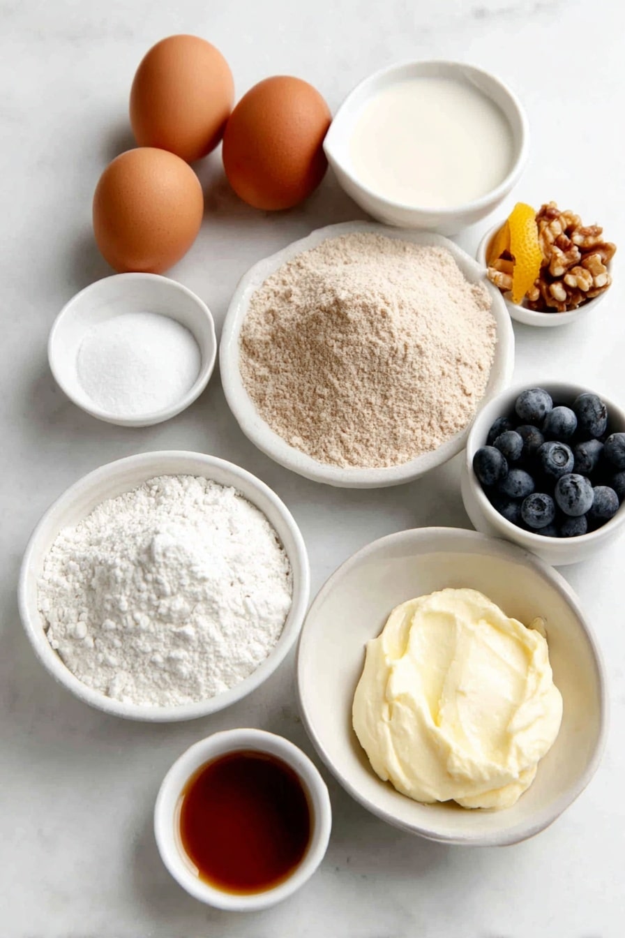 Flat lay of two brown eggs with smooth clean shells, a small white ceramic bowl of creamy plain Greek yogurt, a small white bowl filled with almond milk, a small white bowl holding clear vanilla extract, a neat mound of whole wheat flour beside white whole wheat flour on a simple white ceramic plate, a small white bowl of white granulated sugar, a small white bowl of baking powder, a small white bowl of coarse salt, a handful of fresh blueberries scattered naturally, a small white bowl of amber maple syrup, bright orange zest curls, and a few whole nuts arranged symmetrically, all placed on a clean white marble surface, soft natural light, photo taken with an iPhone, professional food photography style, fresh ingredients, white ceramic bowls, no bottles, no duplicates, no utensils, no packaging --ar 2:3 --v 7 --p m7354615311229779997 - Fluffy Greek Yogurt Pancakes, Greek yogurt pancake recipe, healthy pancake ideas, easy breakfast pancakes, fluffy pancake recipe