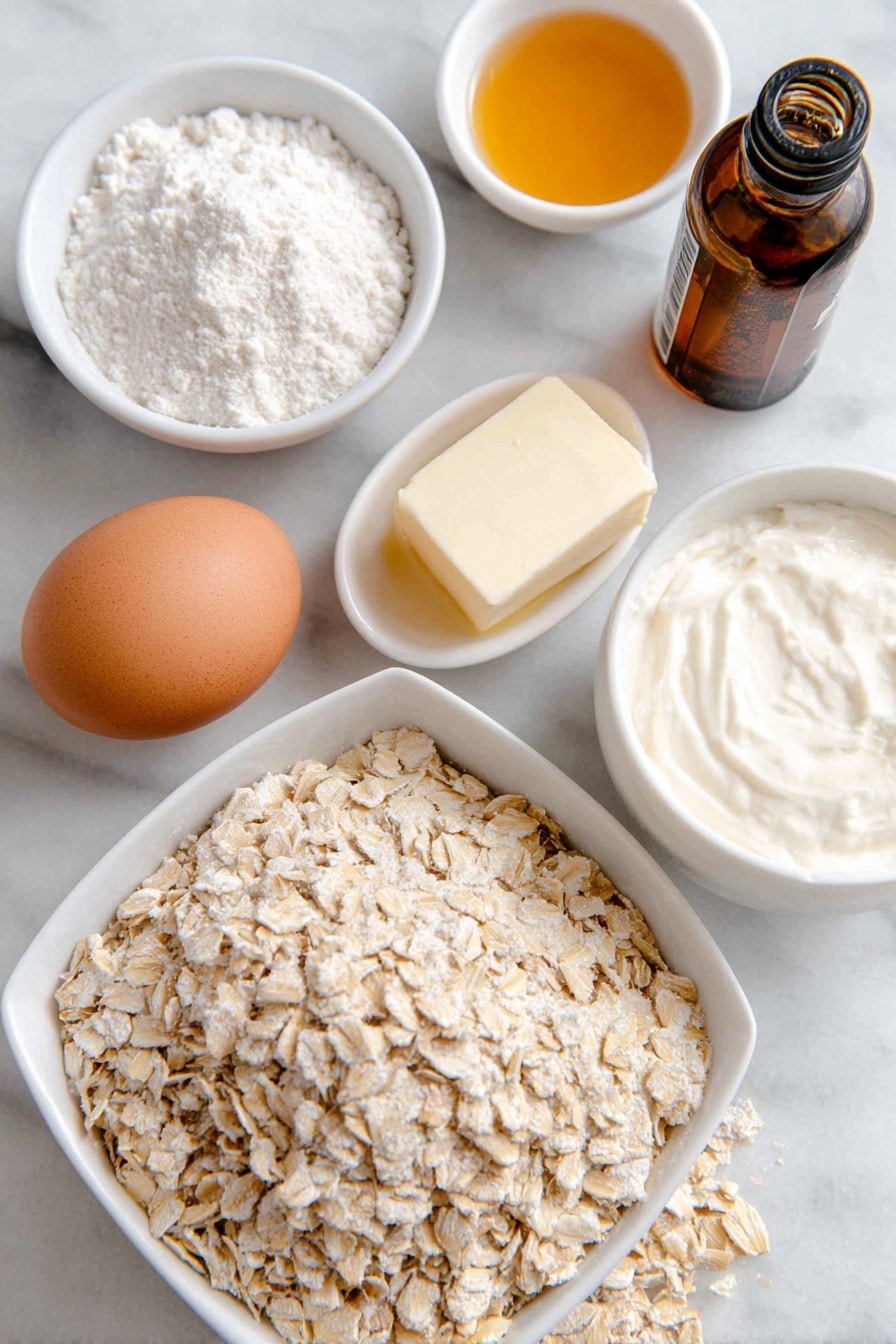 Flat lay of old fashioned oats spilling slightly beside a small white ceramic bowl of creamy buttermilk, a small white bowl filled with granulated sugar, one large whole egg with a clean shell, a small white bowl containing melted golden butter, a small white bowl with translucent vanilla extract, a neat pile of all purpose flour, a small white bowl holding fine baking powder, a small pinch of salt on white ceramic spoon-shaped dish, and a small pat of solid butter for cooking arranged symmetrically and balanced, placed on a clean white marble surface, soft natural light, photo taken with an iPhone, professional food photography style, fresh ingredients, white ceramic bowls, no bottles, no duplicates, no utensils, no packaging --ar 2:3 --v 7 --p m7354615311229779997 - Oatmeal Pancakes with Buttermilk, healthy oatmeal pancakes, fluffy buttermilk pancakes, hearty breakfast ideas, homemade pancake recipes