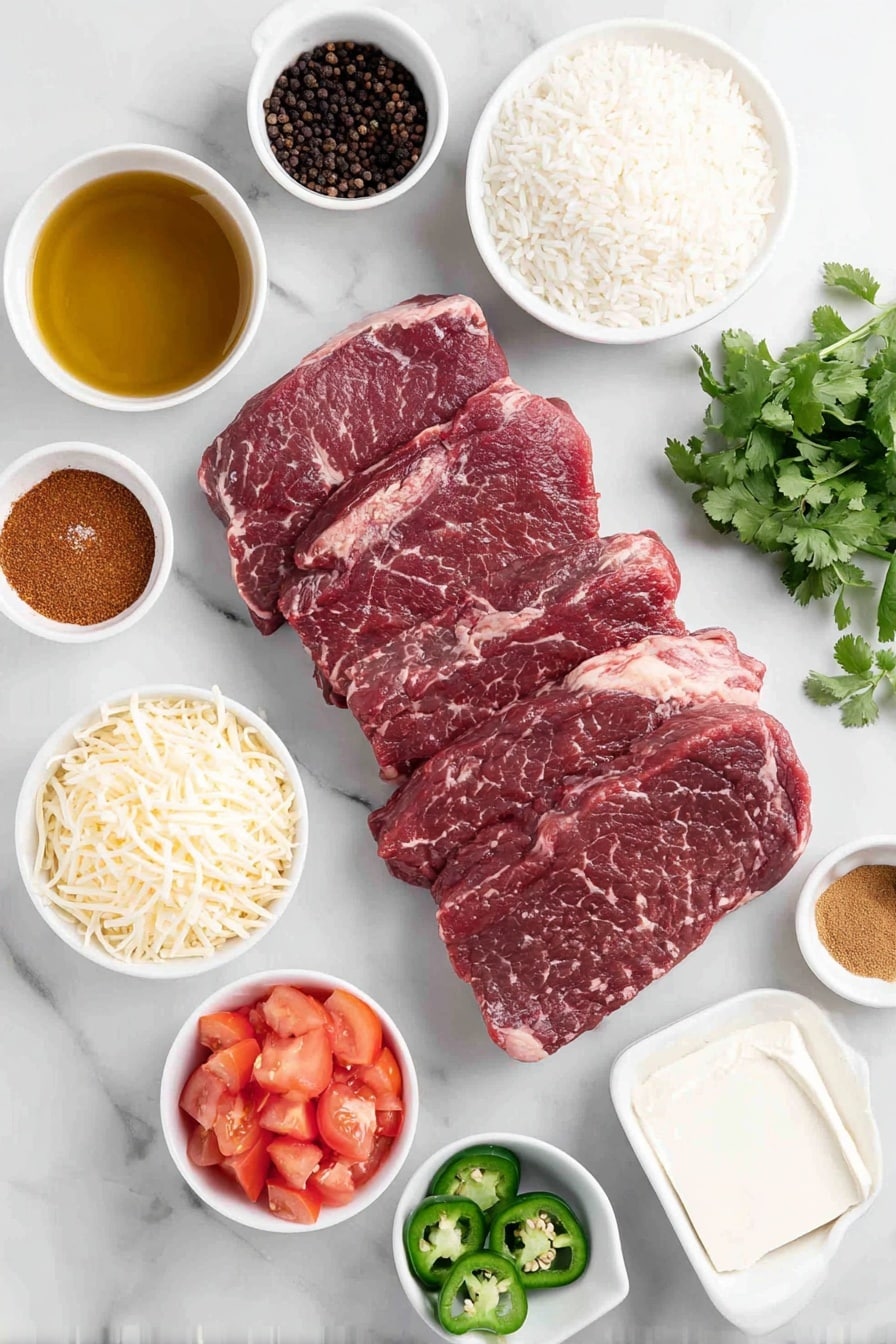 Flat lay of fresh raw sirloin steak strips with visible marbling, a small white bowl of golden olive oil, a white ceramic bowl containing coarse salt, a small pile of whole black peppercorns, a small heap of paprika powder, a small white bowl with ground cumin, a small mound of garlic powder, a small white bowl of uncooked jasmine rice grains, a small white bowl filled with rich golden beef broth, a small pat of creamy butter, shredded white cheddar cheese loosely piled in a white bowl, shredded Monterey Jack cheese in another white bowl, a small white bowl with thick heavy cream, a small white bowl of smooth cream cheese, a small white bowl holding finely chopped fresh cilantro, a fresh green jalapeño sliced into rings on the side, a small white bowl of diced vibrant red tomatoes, a small dollop of sour cream on a simple white dish—all ingredients spread evenly in perfect symmetry, placed on a clean white marble surface, soft natural light, photo taken with an iPhone, professional food photography style, fresh ingredients, white ceramic bowls, no bottles, no duplicates, no utensils, no packaging --ar 2:3 --v 7 --p m7354615311229779997 - Steak Queso Rice Bowl, how to make a steak queso rice bowl, easy steak rice bowl recipe, flavorful rice bowl with steak and queso, hearty steak quesadilla bowl