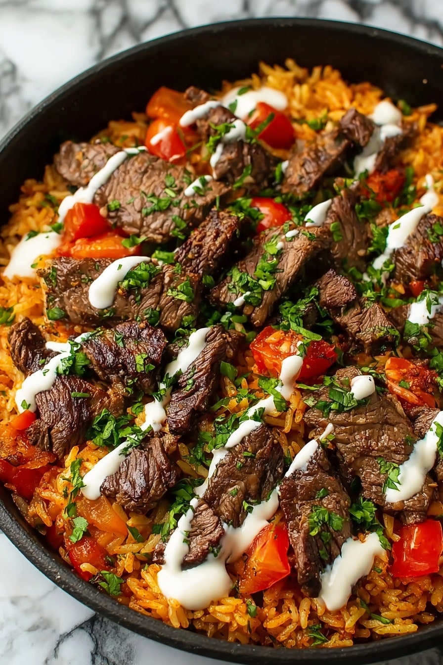 The dish shows a dark pan filled with a base layer of orange-colored rice mixed with small pieces of bright red tomatoes. On top, there are many small, thick slices of brown cooked beef with a slightly crisp texture. Thin drizzles of light white sauce are spread in lines across the surface. Finally, the dish is sprinkled with fresh, bright green chopped herbs, adding a pop of color. The background has a white marbled texture photo taken with an iphone --ar 2:3 --v 7 - Steak Queso Rice Bowl, how to make a steak queso rice bowl, easy steak rice bowl recipe, flavorful rice bowl with steak and queso, hearty steak quesadilla bowl