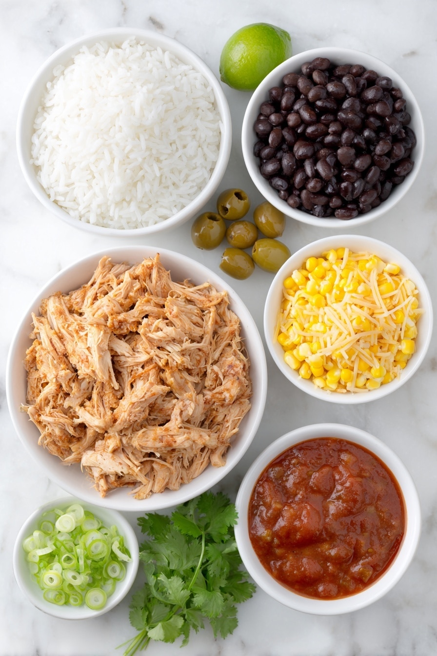 Flat lay of shredded cooked chicken piled naturally, cooked white rice in a small mound, a simple white ceramic bowl filled with shiny black beans, another white bowl containing diced tomatoes with visible green chilies, fresh bright yellow corn kernels heaped in a small bowl, a white bowl with rich red enchilada sauce, two small heaps of shredded cheddar cheese and shredded Monterey Jack cheese side by side, a small bunch of fresh cilantro sprigs with vibrant green leaves, a few glossy black olive slices arranged neatly, thinly sliced green onions fanned out on the surface, all arranged symmetrically with balanced spacing, placed on a clean white marble surface, soft natural light, photo taken with an iPhone, professional food photography style, fresh ingredients, white ceramic bowls, no bottles, no duplicates, no utensils, no packaging --ar 2:3 --v 7 --p m7354615311229779997 - Chicken Enchilada Rice Casserole, Mexican-inspired casserole, easy chicken casserole, weeknight dinner ideas, flavorful rice casserole