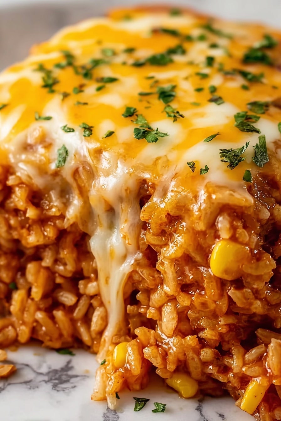 This close-up image shows one thick layer of cooked rice mixed with small pieces of corn, all covered by a thick top layer of melted yellow and white cheese that stretches slightly in strings. Small green herb pieces are sprinkled on top, adding a fresh contrast. The rice looks moist and seasoned with a reddish tint, and the melted cheese layer appears glossy and rich, melting over the edges and blending with the rice underneath. The background shows a white marbled texture. photo taken with an iphone --ar 2:3 --v 7 - Chicken Enchilada Rice Casserole, Mexican-inspired casserole, easy chicken casserole, weeknight dinner ideas, flavorful rice casserole