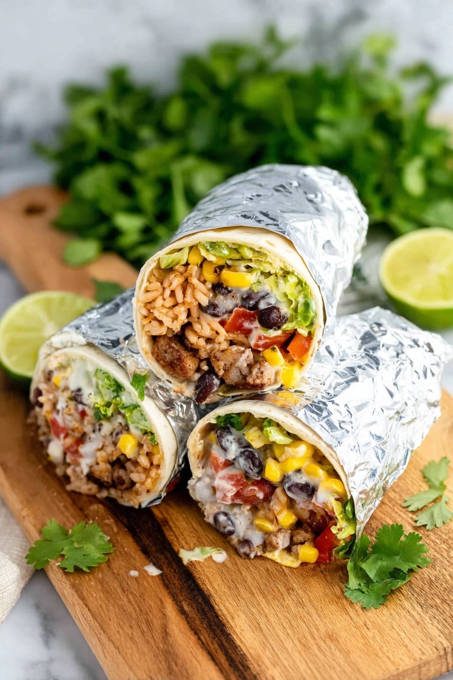 Vegan Black Bean Burrito Recipe 8 Three burritos wrapped in shiny silver foil are placed on a wooden board with a white marbled background. Two burritos are cut in half, showing many colorful layers inside: soft tortilla wraps on the outside, followed by layers of brown rice, black beans, yellow corn, red diced tomatoes, green lettuce, and a creamy white sauce mixed with small chunks of grilled meat and spices. Behind the burritos, there are fresh green cilantro leaves and lime halves adding a fresh touch to the image. The scene looks bright and fresh, focused on the detailed textures and colors of the fillings. photo taken with an iphone --ar 2:3 --v 7 - Vegan Black Bean Burrito, Vegan Black Bean Wrap, Healthy Vegan Burrito, Easy Vegan Dinner, Vegetarian Burrito Ideas