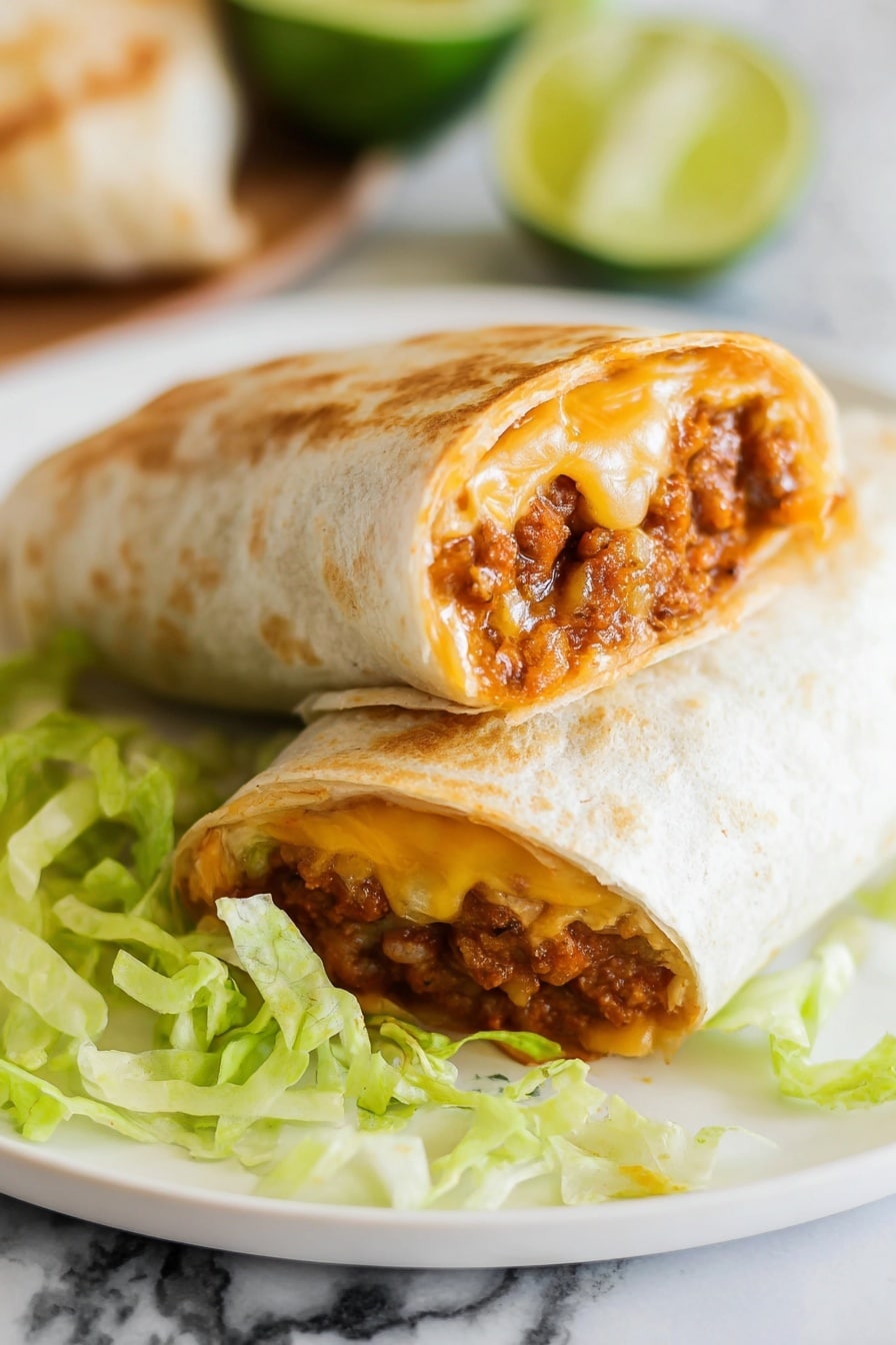 The image shows two burritos on a white plate with shredded green lettuce underneath. The burrito in the front is cut in half, showing three layers inside: a melted yellow and white cheese layer on top, a brown savory filling beneath it, and a soft white flour tortilla wrapping everything. The burrito in the back is also cut open, revealing a chunky reddish-brown filling inside the same soft white tortilla. The background is blurred but shows lime wedges and a white marbled surface. Photo taken with an iphone --ar 2:3 --v 7 - Baked Bean and Cheese Burritos, easy burritos recipe, quick dinner ideas, vegetarian burritos, budget-friendly Mexican dinner