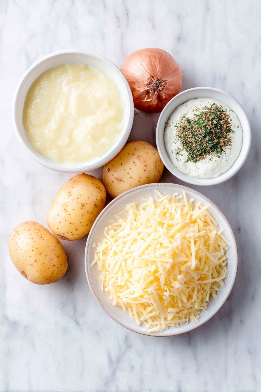 Creamy French Onion Potato Bake Recipe 7 Flat lay of peeled whole potatoes, thin potato slices neatly fanned out on a simple white ceramic plate, a small white bowl of thick fresh cream, a small white bowl filled with natural dried French onion soup mix herbs and spices, a neat pile of freshly grated tasty cheese on a simple white ceramic dish, all ingredients fresh and natural, perfectly arranged with symmetrical balance, placed on a clean white marble surface, soft natural light, photo taken with an iPhone, professional food photography style, fresh ingredients, white ceramic bowls, no bottles, no duplicates, no utensils, no packaging --ar 2:3 --v 7 --p m7354615311229779997 - Creamy French Onion Potato Bake, French onion casserole, cheesy potato bake, comforting potato side dish, easy French onion bake