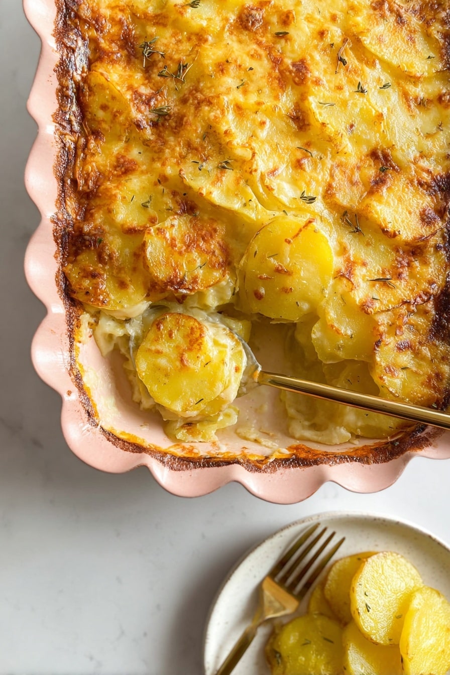 Creamy French Onion Potato Bake Recipe 8 A close-up of a baked potato dish in a light pink scalloped ceramic baking dish, with a golden brown and slightly crispy cheese layer on top. The dish is filled with thin yellow potato slices that are soft and creamy inside. A portion is scooped out with a gold spoon showing the layers of potatoes covered with melted cheese. Next to the baking dish, some potato slices with cheese are placed in a white bowl, accompanied by a gold fork. The background is a white marbled surface. Photo taken with an iphone --ar 2:3 --v 7 - Creamy French Onion Potato Bake, French onion casserole, cheesy potato bake, comforting potato side dish, easy French onion bake