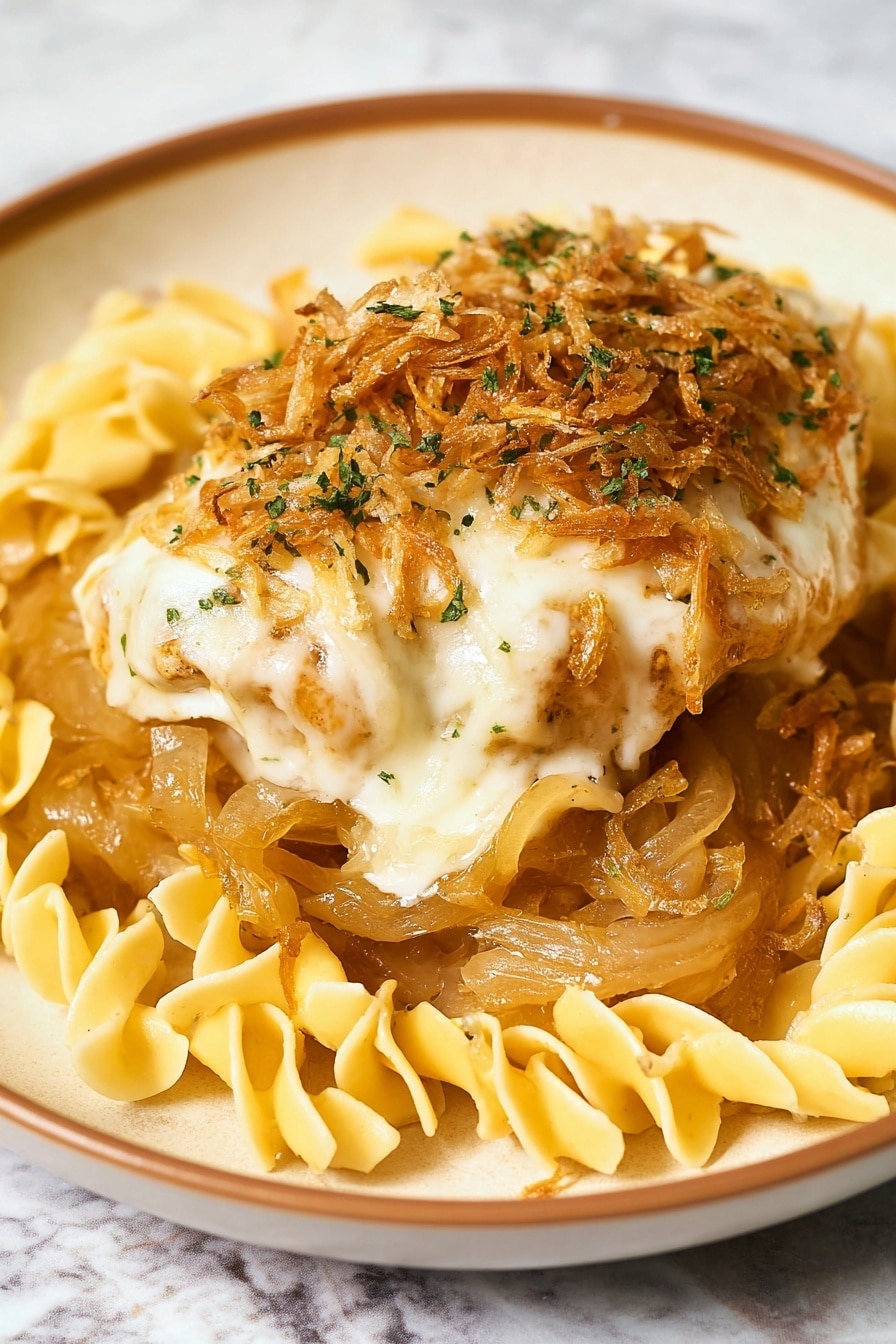 The dish shows a plate with three layers: the bottom layer is light yellow curly egg noodles arranged in a circle, the middle layer is golden-brown cooked onions with a soft texture, and the top layer is a cooked piece of chicken covered with melted white cheese and sprinkled with herbs and crispy fried onions, creating a mix of creamy, crispy, and soft textures; the plate is set on a white marbled surface. photo taken with an iphone --ar 2:3 --v 7 - French Onion Chicken Crock Pot, French Onion Chicken, Slow Cooker French Onion Chicken, Easy French Onion Chicken, Comfort Food Chicken