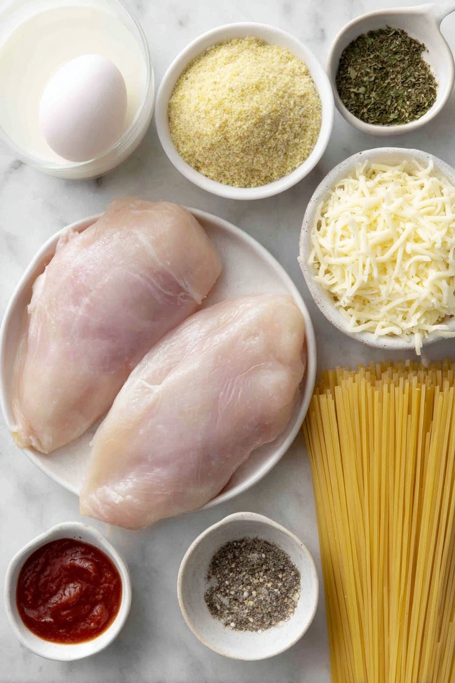 Slow Cooker Chicken Parmesan Recipe 7 Flat lay of three boneless, skinless chicken breasts, a small mound of Italian seasoned panko bread crumbs, one large whole uncracked egg, a small white bowl filled with milk, a small white bowl with dried oregano, a small white bowl with dried basil, a small white bowl with garlic powder, a small white bowl containing vegetable oil, a small white bowl with shredded mozzarella cheese, a small white bowl with shredded Parmesan cheese, a small white bowl with marinara sauce, a bunch of uncooked spaghetti noodles neatly arranged, and two small white bowls with salt and black pepper placed symmetrically, all on simple white ceramic bowls and dishes, placed on a clean white marble surface, soft natural light, photo taken with an iPhone, professional food photography style, fresh ingredients, white ceramic bowls, no bottles, no duplicates, no utensils, no packaging --ar 2:3 --v 7 --p m7354615311229779997 - Slow Cooker Chicken Parmesan, Chicken Parmesan recipe, easy slow cooker chicken dishes, cheesy chicken dinner, fuss-free chicken parmesan