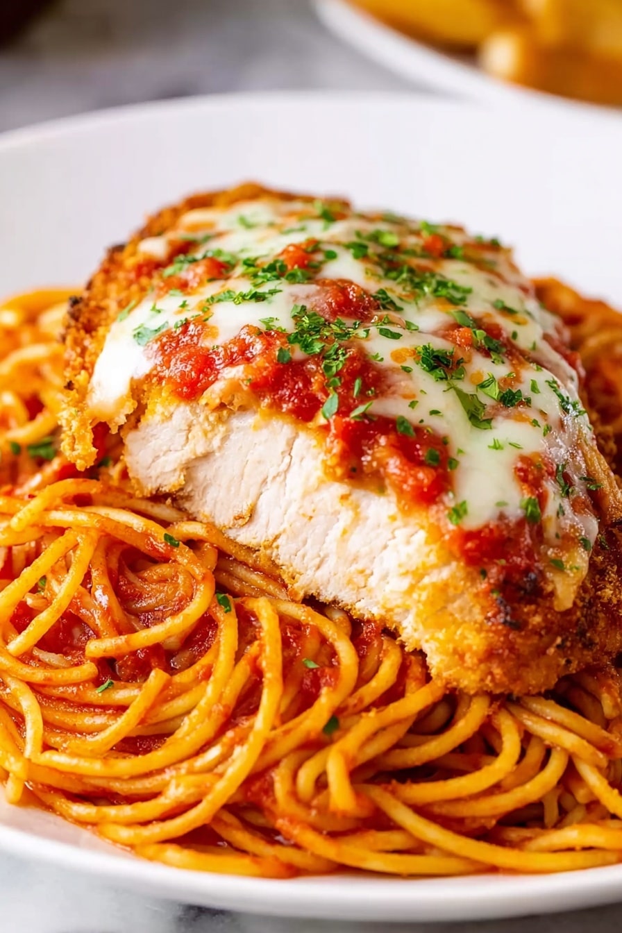 Slow Cooker Chicken Parmesan Recipe 6 A white plate holds a bed of cooked spaghetti with a rich, orange-red tomato sauce coating each strand. On top, there is a thick piece of breaded chicken sliced open to show juicy white meat inside. The chicken is covered with melted white cheese and bright red chunky tomato sauce, sprinkled with small green herbs. Everything sits on a white marbled surface. photo taken with an iphone --ar 2:3 --v 7 - Slow Cooker Chicken Parmesan, Chicken Parmesan recipe, easy slow cooker chicken dishes, cheesy chicken dinner, fuss-free chicken parmesan