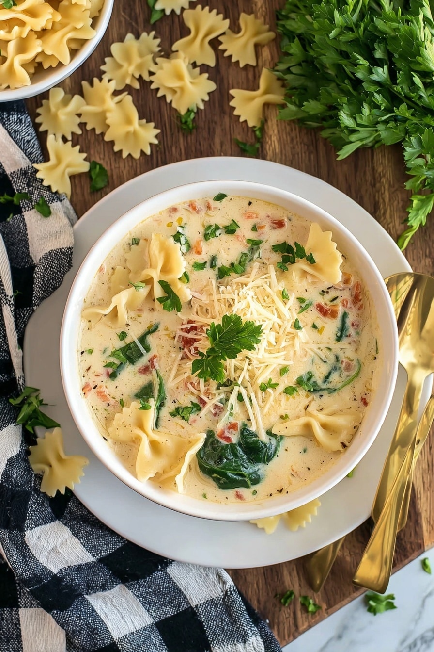 Slow Cooker White Lasagna Soup Recipe 8 The image shows a close-up of creamy pasta with two pasta pieces in focus on a wooden spoon. The pasta is wide, ruffled on the edges, and pale yellow. The creamy sauce is smooth, light beige with specks of black pepper and red chili flakes. There are green spinach leaves and small pieces of sun-dried tomatoes mixed in the sauce. The sauce looks thick and rich, covering the pasta fully. The background surface is a white marbled texture. photo taken with an iphone --ar 2:3 --v 7 - Slow Cooker White Lasagna Soup, White Lasagna Soup, Easy White Lasagna Soup, Creamy Lasagna Soup Recipe, Comforting Soup Recipes