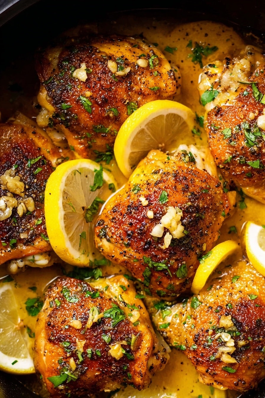 Crockpot Lemon Garlic Chicken Thighs Recipe 6 This image shows a close-up of six golden-brown cooked chicken pieces in a pan, each piece having a crunchy skin with visible black pepper and bits of garlic on top. Bright yellow lemon wedges are placed around and between the chicken pieces. Fresh green chopped herbs are sprinkled evenly over the chicken and lemon. A thin layer of light orange sauce or juices surrounds the chicken at the bottom of the pan, giving the dish a moist look. The background is dark, helping the warm colors of the food stand out. photo taken with an iphone --ar 2:3 --v 7 - Crockpot Lemon Garlic Chicken Thighs, easy slow cooker chicken, lemon garlic chicken thighs recipe, juicy slow cooker chicken, flavorful chicken thigh dinner