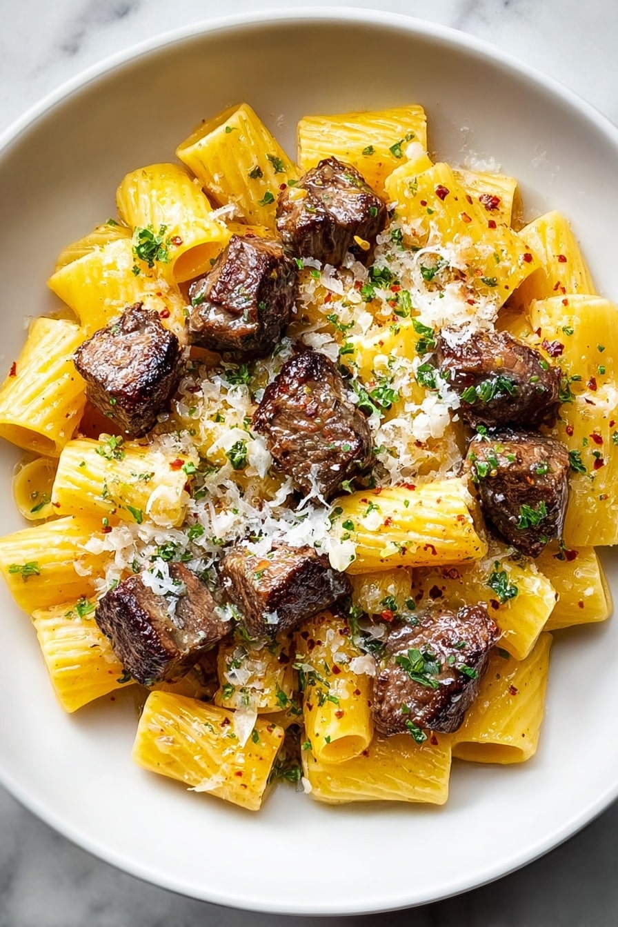 A white bowl filled with pasta and pieces of cooked meat is on a white marbled surface. The pasta is rigatoni, bright yellow with a glossy texture, filling the bottom layer of the bowl. On top, there are several dark brown, seared meat chunks, showing a slightly crispy outside and tender texture inside. The dish is sprinkled with finely grated white cheese and small bits of green herbs, adding a light contrast of color. Some parts of the pasta and meat have a light dusting of red spices. photo taken with an iphone --ar 2:3 --v 7 - Cajun Steak Tips with Cheesy Rigatoni, Cajun steak tips, cheesy rigatoni recipe, spicy steak pasta, hearty Cajun pasta dinner